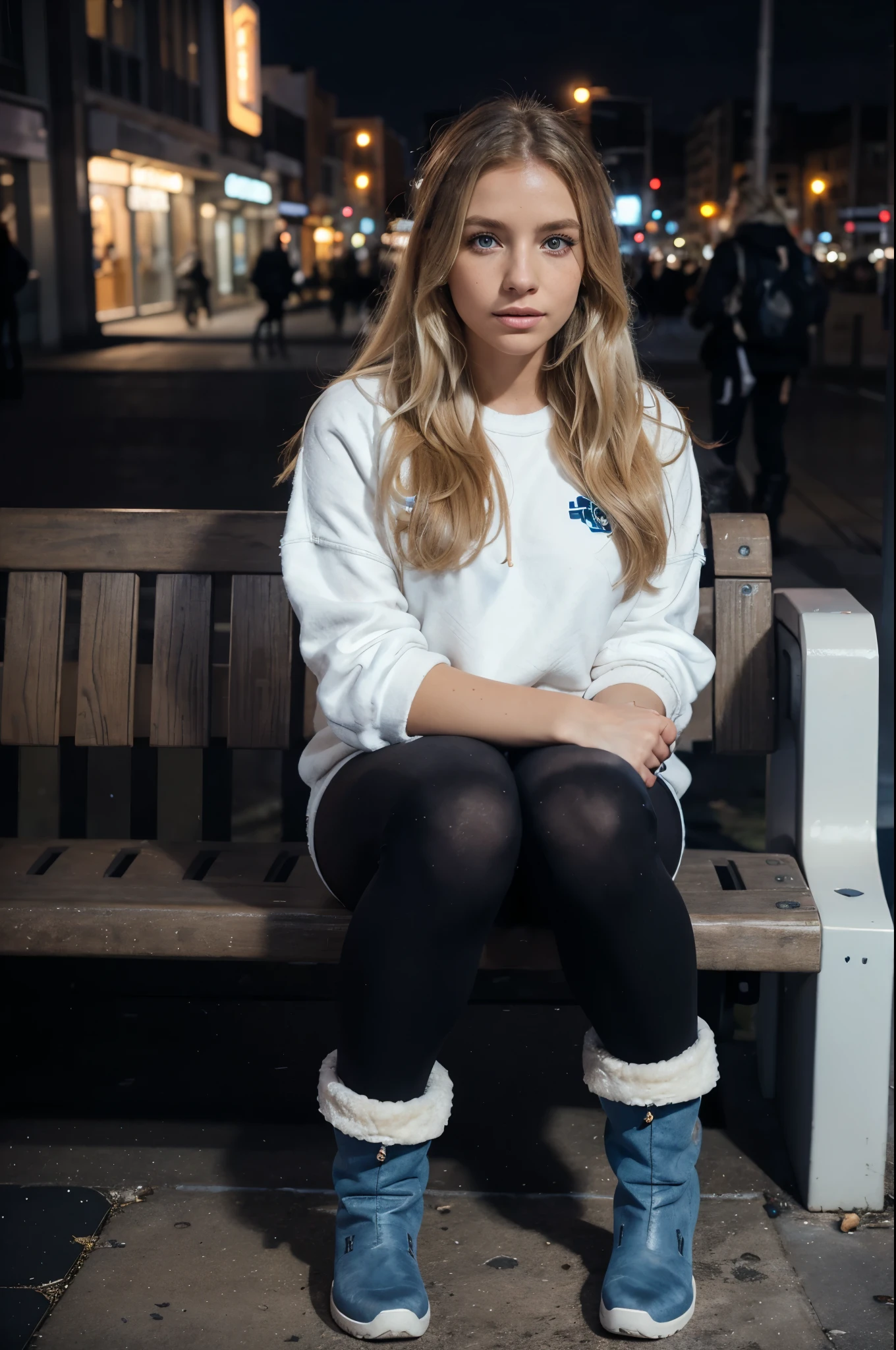 1woman, ombré blonde balayage hair, beautiful blue eyes, freckled face, overwatch2 mercy face, off-white sweatshirt, seamless black leggings, black leggings, fuzzy faux fur boots, ugg style boots, night city background, sitting on bench, full body portrait, raw photo.