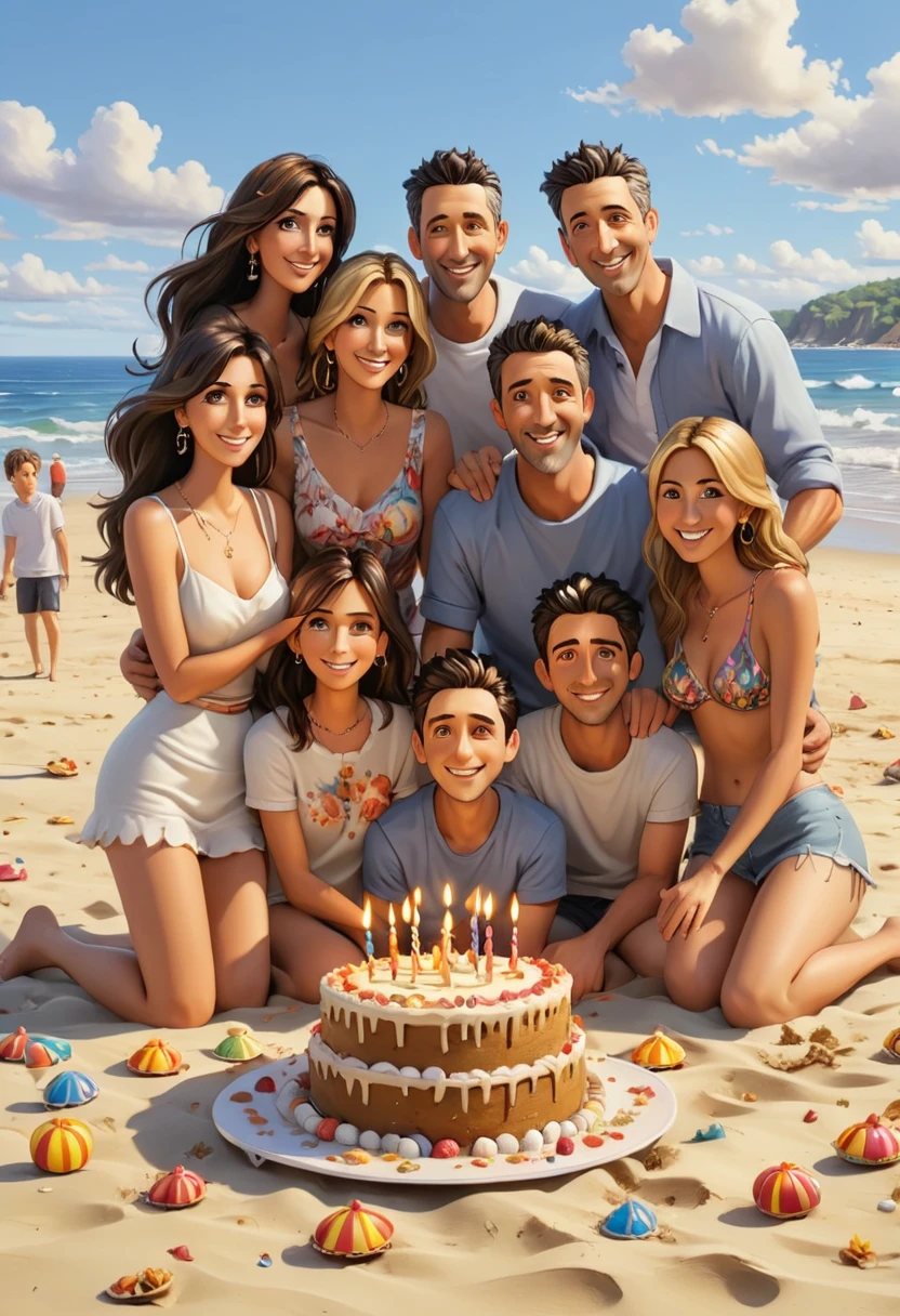 friends on beach, happy family, celebrate birthday, (birthday cake:0.2), best quality, masterpiece, Representative work, official art, Professional, Ultra intricate detailed, 8k