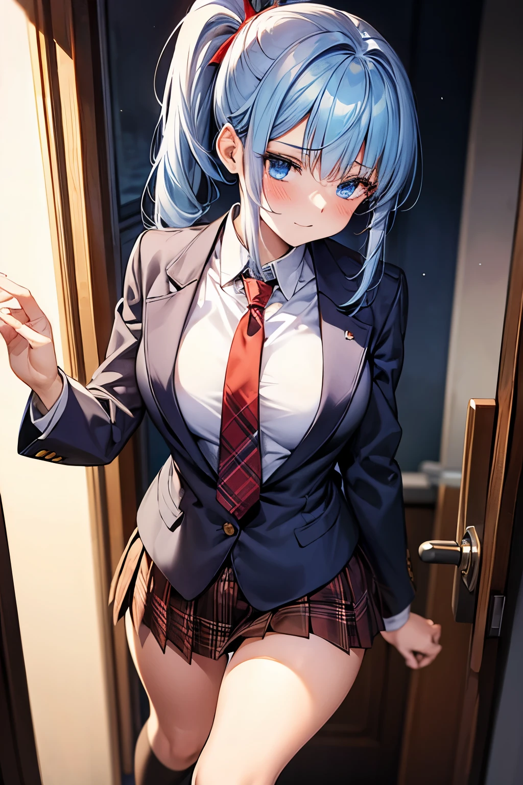 pleasant face, (table sex:1.8), (trembling:1.5), (rub pussy against the table:1.9), masturbation, pussy juice, (skirt lift by herself:1.5), naked lower body, school uniform, (completely open school uniform:1.6), (completely open shirt:1.5), exposed skin, (classroom:1.7), high school girl, one girl, transparent shirt, white brassiere, blackboard, sunlight, sunset, middle breasts, blue hair