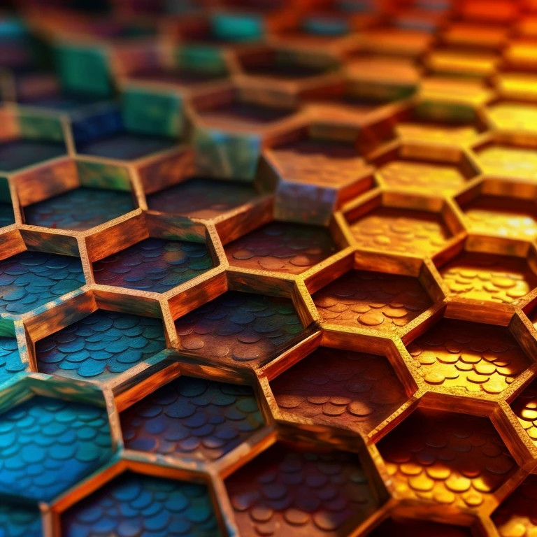 a close up of a colorful hexagon pattern with a blurry background, honeycomb structure, hexagons, hexagonal pattern, honeycomb background, honeycomb, hexagonal wall, hexagonal, hexagon, mechanically enhanced honeycomb, vibrant 3d textures, metallic scales, hex mesh, rendered in redshift, hexagonal shaped, hexagon lens flares