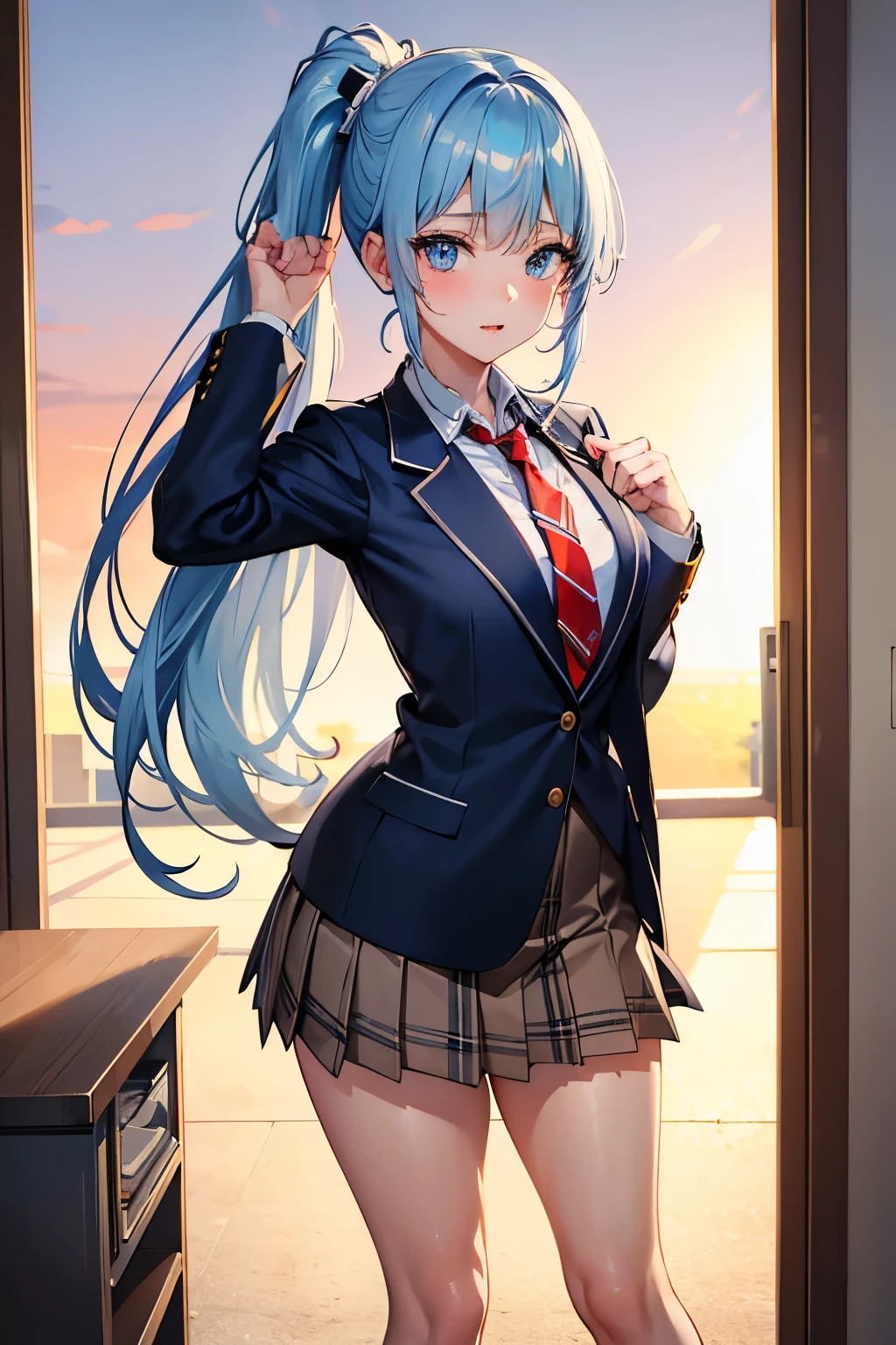 best quality, 32k, RAW photo, incredibly absurdres, extremely detailed, beautiful 18 years old female, iridescent light blue ponytail, shining blue eyes, amorous and lewd expression, happy, shy, (wearing high school uniform, navy blazer, white shirt, red tie, brown plaid miniskirt, brown socks), superlative body proportion, background school route at sunset