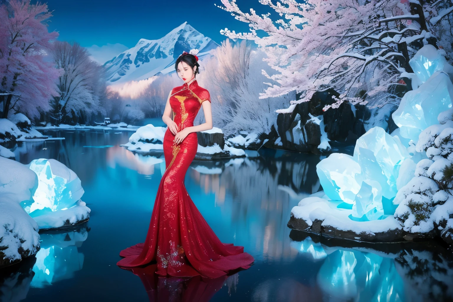 Chinese style beauty，red cheongsam，dance to tune，The background is a distant view of snowy mountains，surreal、dreamlike、bright colors、icy blue tones、shiny reflective surface、ethereal lights、mysterious atmosphere、Mysterious shadows、dynamic composition。[frozen landscape]，glowing aurora，clear river，Blue river，Spectacular skies，soft，heavy snowfall，delicate snowflakes，Intricate ice formations。（Full body detailed portrait of beautiful Chinese woman），flawless skin，flowing hair，confident expression，Professional tone，Wide-angle lens，Excellent picture quality，4k resolution，Featuring realistic details and realism，There are soft color adjustments in the picture。The light illuminates the whole picture in a soft way，Highlight the beauty of women。The whole picture is dedicated to creating a romance、cozy atmosphere。