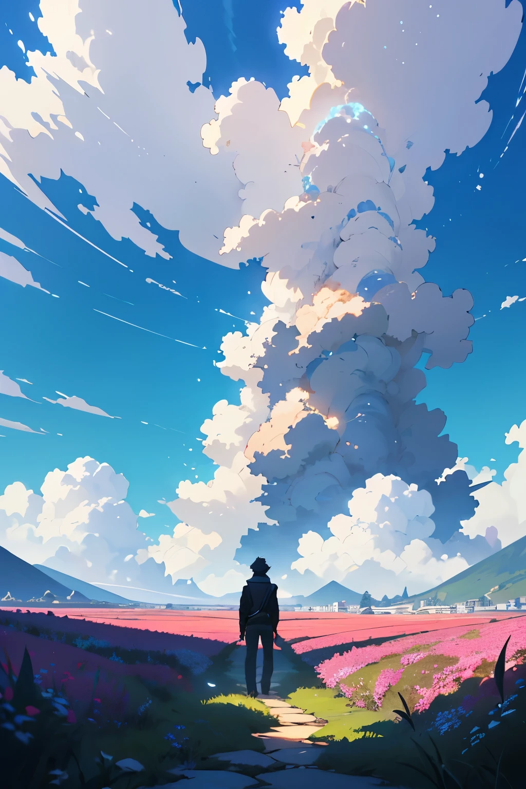 Anime - style scene of a fields with beautiful sky with a blue sky and cloudy. by makoto shinkai, anime art wallpaper 4k, anime art wallpaper 4 k, anime art wallpaper 8 k, anime wallpaper 4k, anime wallpaper 4 k, 4k anime wallpaper, anime sky, amazing wallpaper, anime background, ghilbi vibes. a man stand with the jeep car, far city, far mountain,