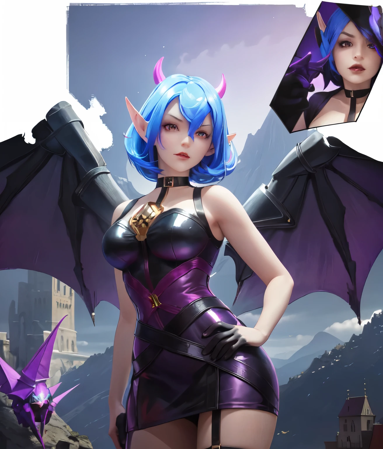 ((big breasts)), wings, 1girl, looking at viewer, short hair, gloves, dress, medium breasts, blue hair, horns, solo focus, pointy ears, black gloves, hand on hip, thigh strap, instrument, demon wings, [purple hair: blue hair:0.2],  (castle), gloom, darkness, mountains, ghosts, death, purple background, ((glow)), BREAK bat, purple lipasterpiece,best quality:1.5)