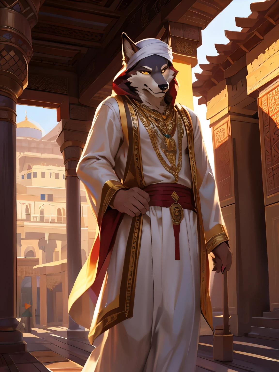 4k, ,8K, A high resolution, best quality, perfect colors, perfect shadows, perfect lighting, (by Chunie, by canyne khai, by t.y.starale), male, furry, Wolf anthro, (Wolf tail), solo, white fur, Yellow eyes, (Realistic eye details 1.2), Wearing Muslim clothing, arabic fashion, arabic style, thobe, turban, in a street with arabian houses, light smile, authoritative, dignified gaze, Full body like, slim body, in a panoramic view, masterpiece, fit body, perfect male figure, Detailed fur, Detailed face, dramatic lighting, soft lighting, day, highly detail, (Detailed eyes), perfect pupils, detail eyes, detail fluffy fur, (seductive face:1.2), (correct anatomy:1.2), (Complex), (Super Detail), (Ultra Clear), (Best Quality)