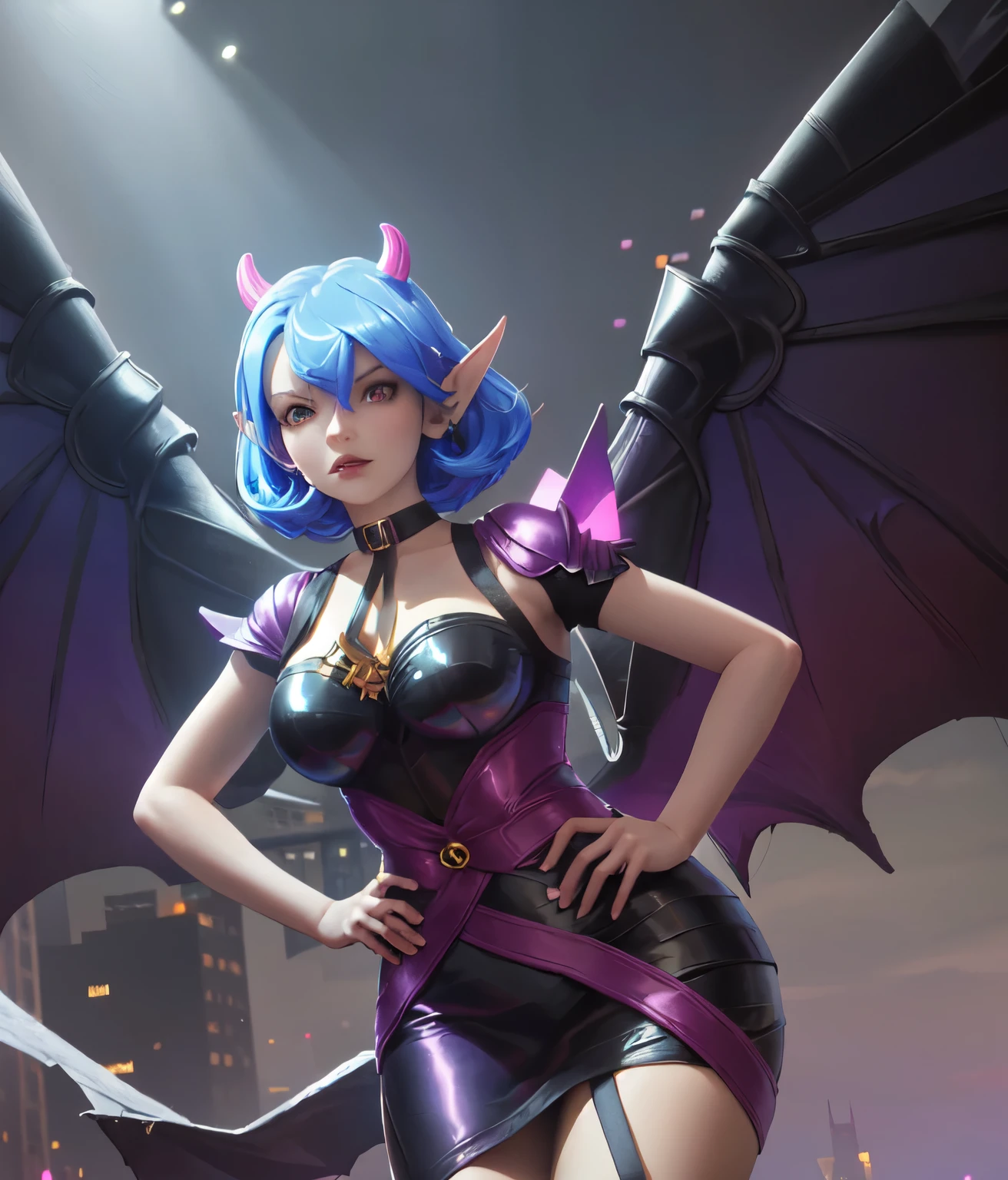 ((big breasts)), wings, 1girl, looking at viewer, short hair, gloves, dress, medium breasts, blue hair, horns, solo focus, pointy ears, black gloves, hand on hip, thigh strap, instrument, demon wings, [purple hair: blue hair:0.2],  (castle), gloom, darkness, mountains, ghosts, death, purple background, ((glow)), BREAK bat, purple lipasterpiece,best quality:1.5)