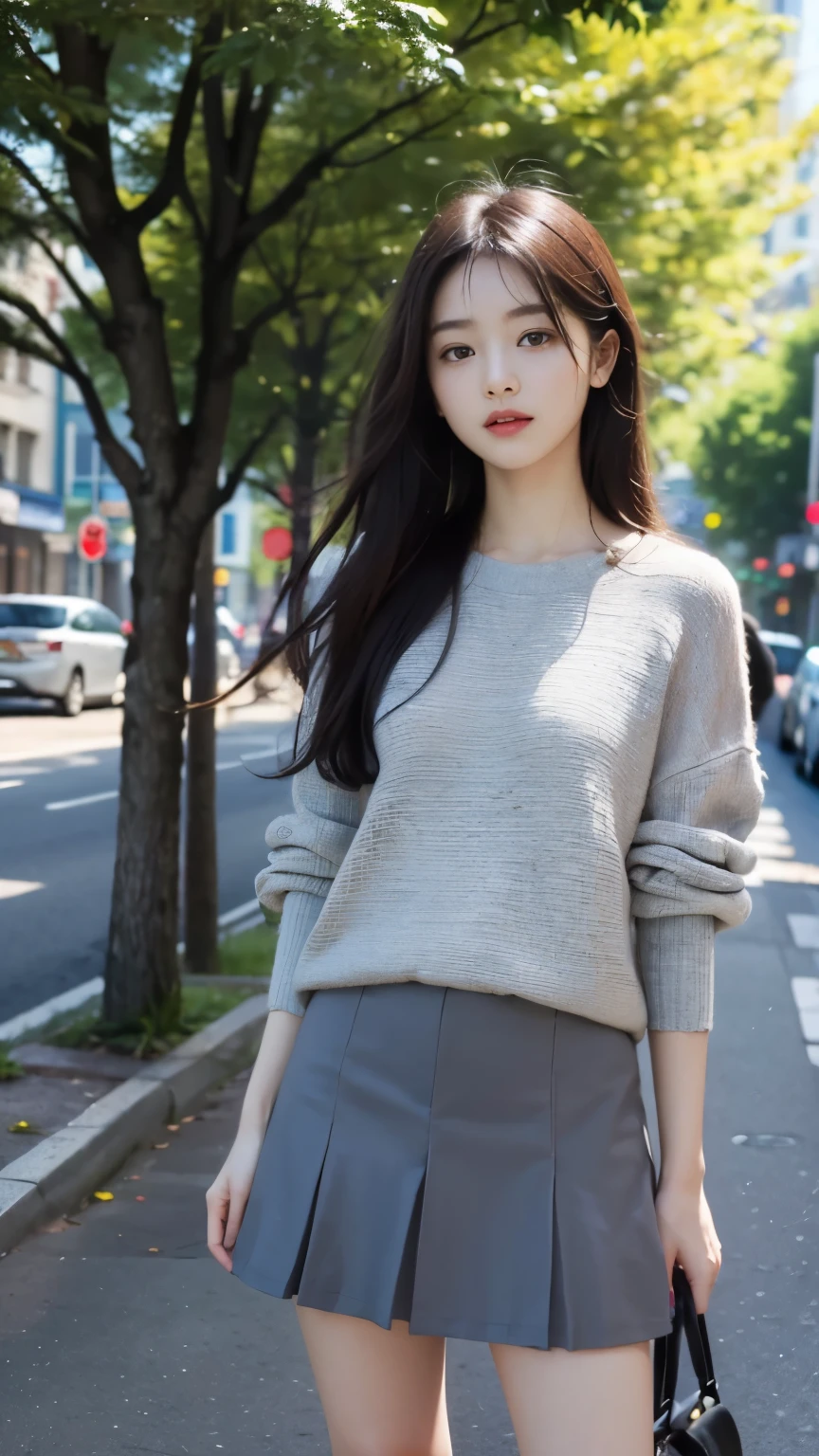 ((best quality, 8 thousand, masterpiece:1.4)), (1 woman), ((very small face:1.3)), masterpiece, best quality, very detailed, illustration, wide angle, A girl is standing in the middle of the road, alone, Pink cherry trees on the central road and roadside, whole body, 20&#39;s, white brown mixed hair, sweater, short skirt, fashion,, composition, balance, Harmony, rate, color, light, shadow, reflect, refraction, interval, difference, Panorama, center field, background, naturalistic, figurative, expressive, (gray bridge head),