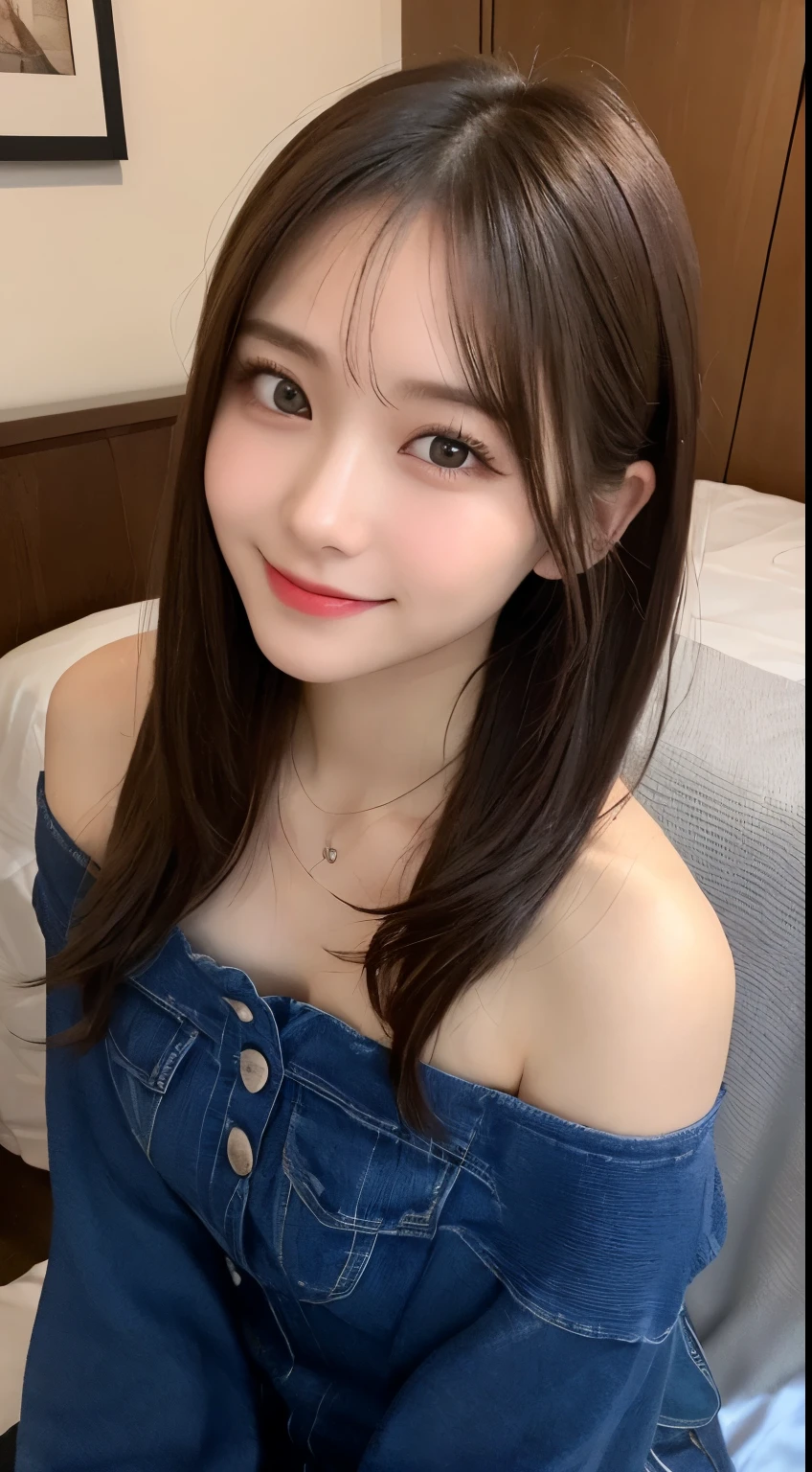 table top, highest quality, shape, Super detailed, finely, High resolution, 8k wallpaper, 完璧なダイナミックな構shape, beautiful and detailed eyes, off shoulder dress, small breasts, natural color lip,優しいsmile,20 year old girl、美しくdetailed face、perfect and beautiful face,Big eyes、美しくdetailed face、perfect and beautiful double eyelids、blur the background、Feminine poses、slim face and style、straight hair、Bedroom、lie in bed、 (get closer to the face, enlarge the face, face focus:1.0), break, (masterpiece, highest quality, Super detailed, detailed face, 8k)、real photos（best image quality）、shoot from above、look up、K-POPアイドルフェイス、smile