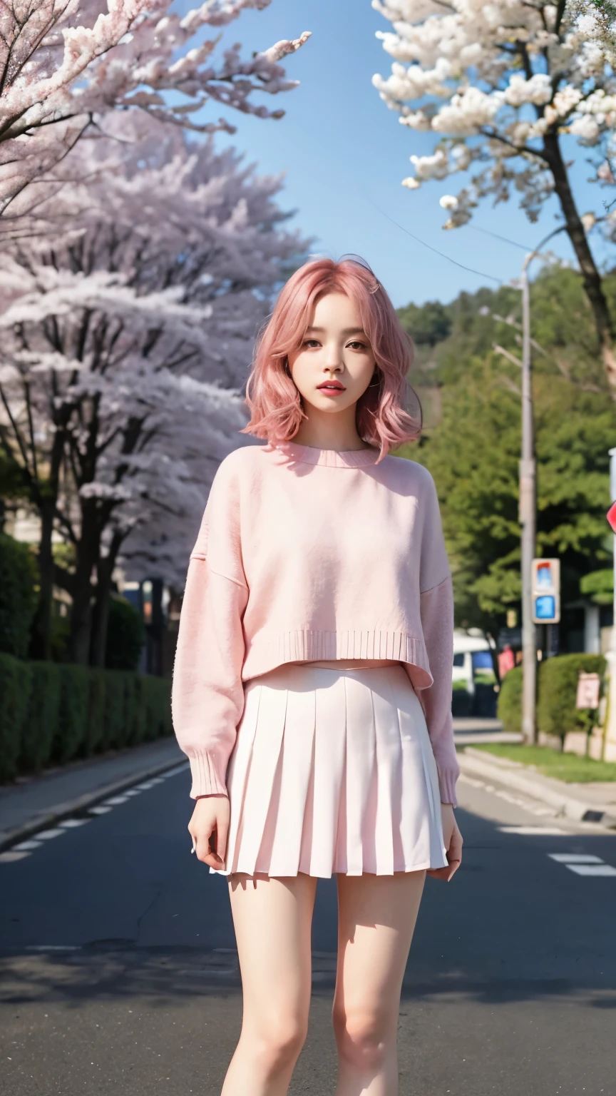 detailed face, cute face, masterpiece, highest quality, Super detailed, figure, Wide-angle, A girl is standing in the middle of the road, alone, The road in the middle and pink cherry blossom trees on the roadside, whole body, 20th Generation, Pink Hair, sweater, Short skirt, fashion,, composition, balance, Harmony, rhythm, color, Light, Shadow, reflection, refraction, tone, Contrast, prospect, Middle Way, background, Naturalistic, Figurative, Expressive.
