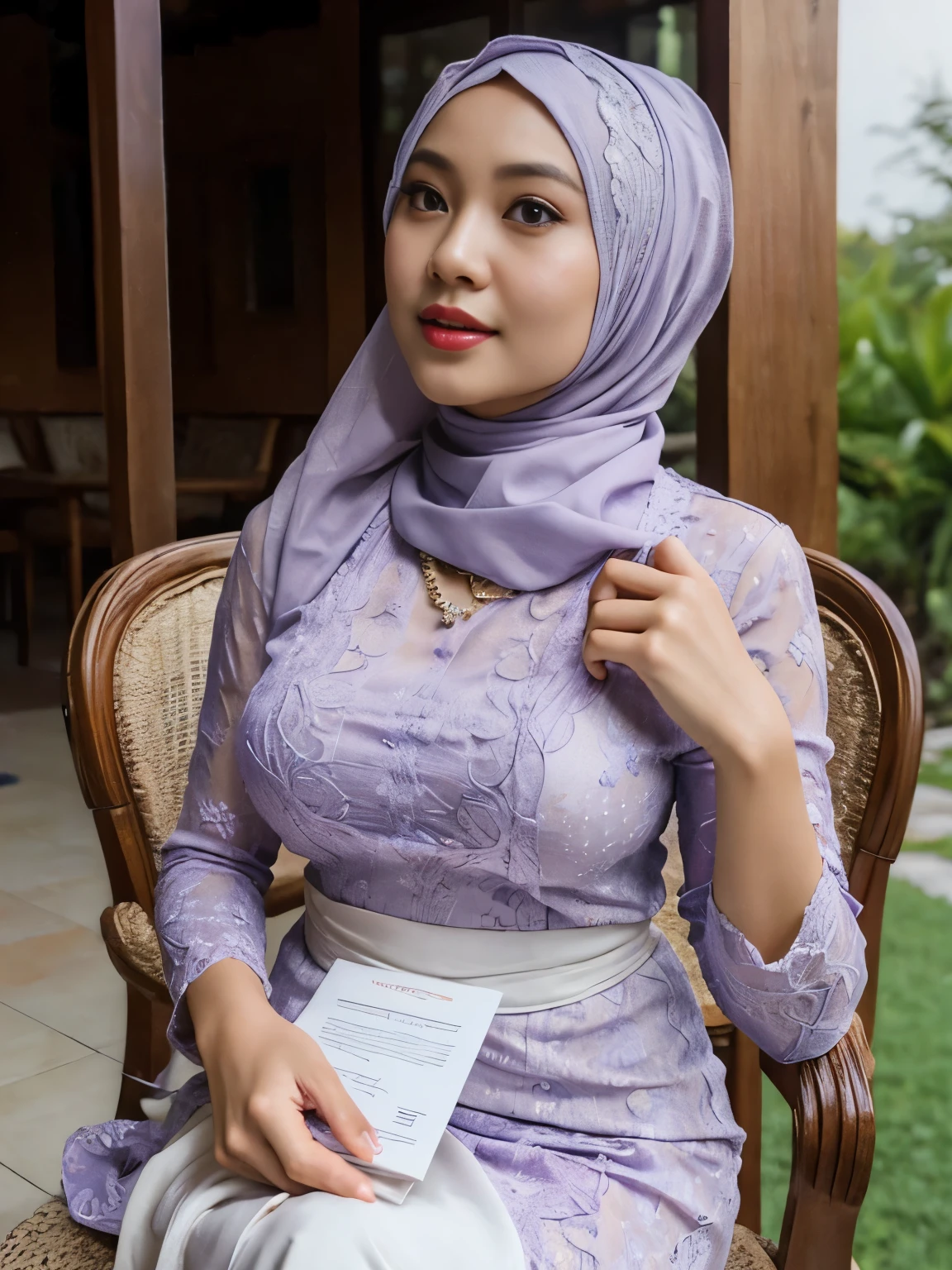 (((holding a brochure show it to viewer))), Hyper realistic, Beautiful, cute Face, 17 Years old Indonesian women, (wearing hijab), light purple kebaya dress, luxury necklace, White Skin, sitting on chair, terrace, Perfect Potrait, Bokeh Effect, Look at Viewer, Perfect Eye, Perfect Hand, Perfect Finger, side view,  full body shot, face incredibly detailed, lips, realistic skin, solo,medium breasts,skin tight, puffy ,facial, masterpiece,best quality, Intricate, High Detail, dramatic, wide view