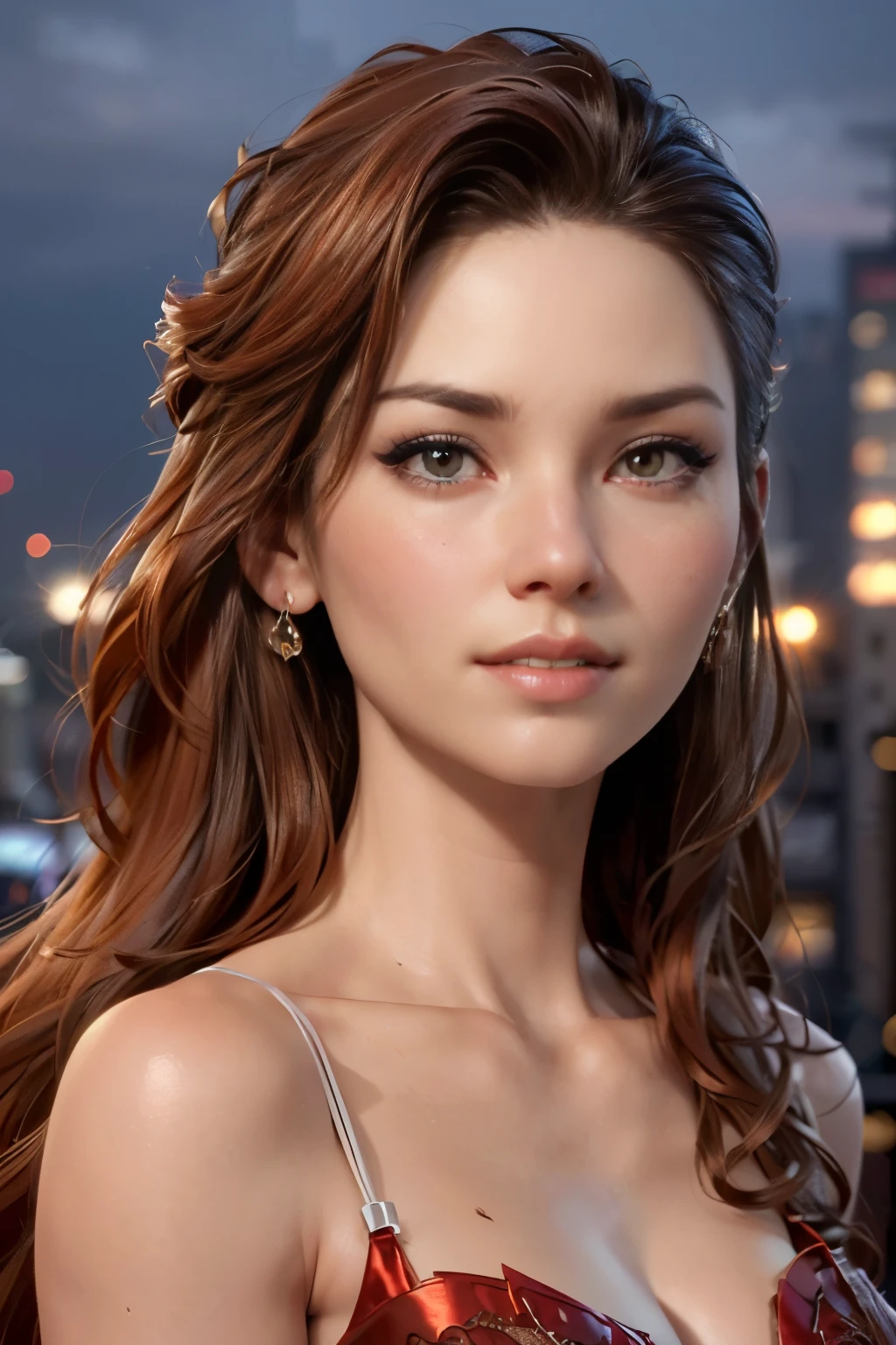 photo of Scarlett Pomers, RAW, beautiful woman, ((portrait)), ((detailed face:1.2)), ((detailed facial feature, detailed skin, clear skin), (perfect proportioned body), (wearing a detailed red carpet dress) (high detailed city environment, apartment balcony), (realistic photo, best quality, detailed), (8k wallpaper), (cinematic lighting, dramatic lighting) (sharp focus, intricate)