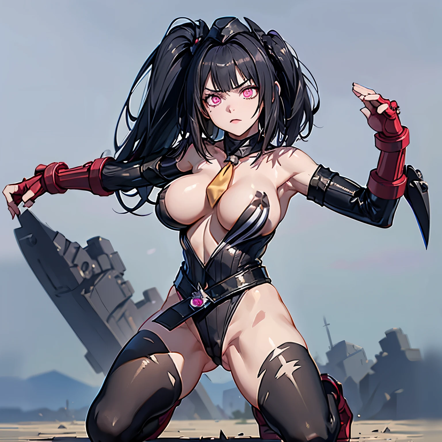 ultra-detailed, Explicit, Beautiful body, Beautiful Nose, Beautiful character design, perfect eyes, perfect face, ultra highres, 4K, beautiful legs, perfect legs, Nice hands, Perfect hand, Masterpiece, Best Quality, Highly detailed, illustration, absurdres, perfect anatomy, street fighter, doll suit, shadaloo doll, dollsuit, expressionless, blank eyes, looking at viewer, red gloves, emotionless, black latex, corrution, mind control, female combatant, full body, hypnotized, unhappy trance, full body suit, ribbed bodysuit, both arms at side, obey, perfect female body, extremely glossy latex, hypnosis, hypnoLora, empty eyes, Mind control device, poses, submissive_pose, Slave, kneeling straight, kneeling, kneeling at attention, hat, necktie, belt, latex, ribbed bodysuit, thighhighs, garter belt, Fighting Stance, extending the right arm from the shoulder into the air with a straightened hand, military, thigh boots, black pantyhose, (((pixel-perfect, detail-perfect))), solo, 1girl, hair ornaments, 1GIRL,PINK EYES,SIDE PONYTAIL,LONG HAIR,BLACK HAIR,ARCHITECTNORMAL,BELTS,SANGVIS FERRI, huge breast, 