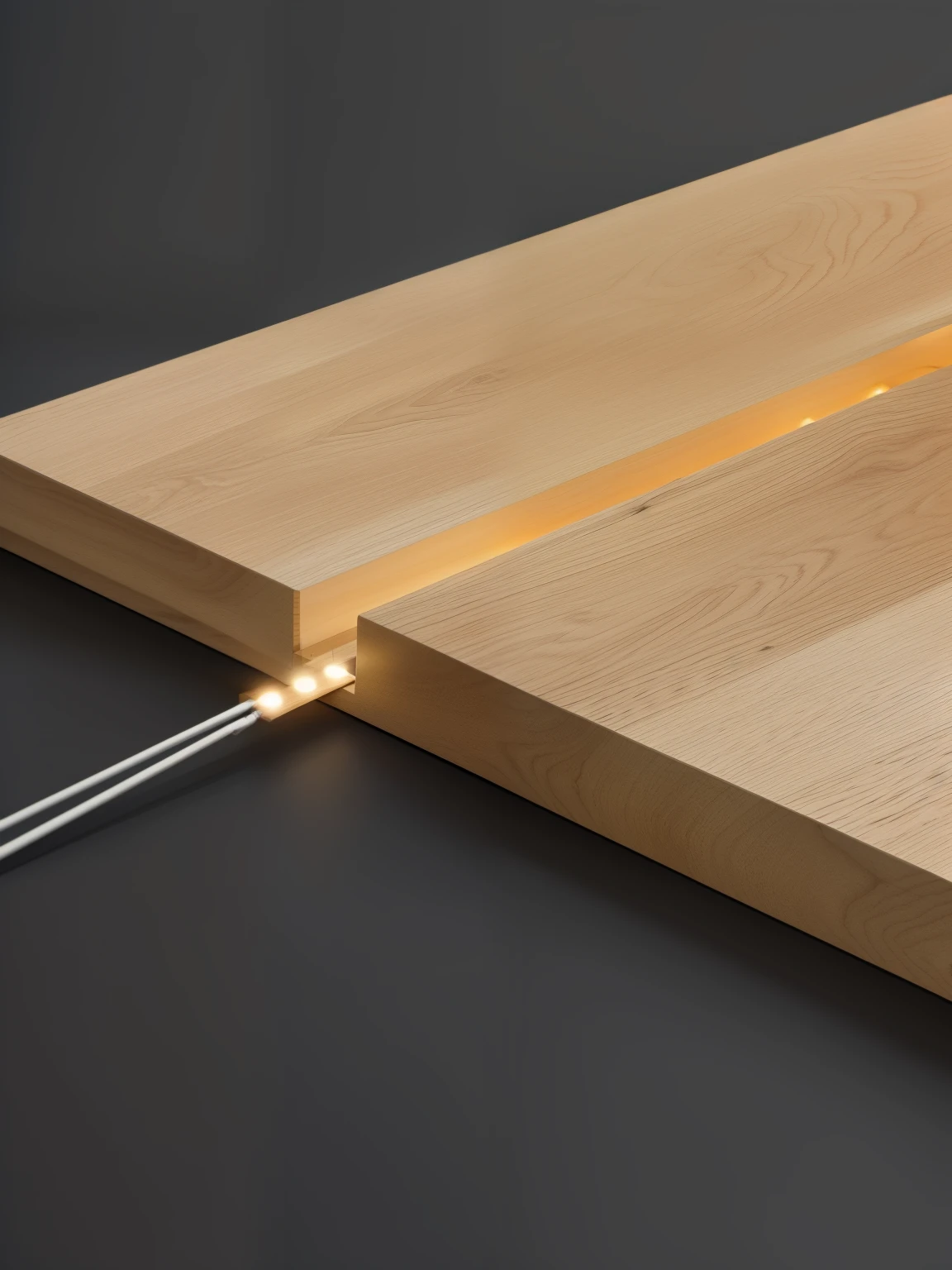 There is a piece of wood,there is a light on it, Edge lighting, Balsa wood, Neon glowing wood, LED details, oak, Thin glowing thread, OLED lamp in the corner, contrast side light, Edge light, led light strip, amazing depth, Glowing Thin Line, beam, wooden table子, Fixed joint, desk lamp, Side lighting, wooden table