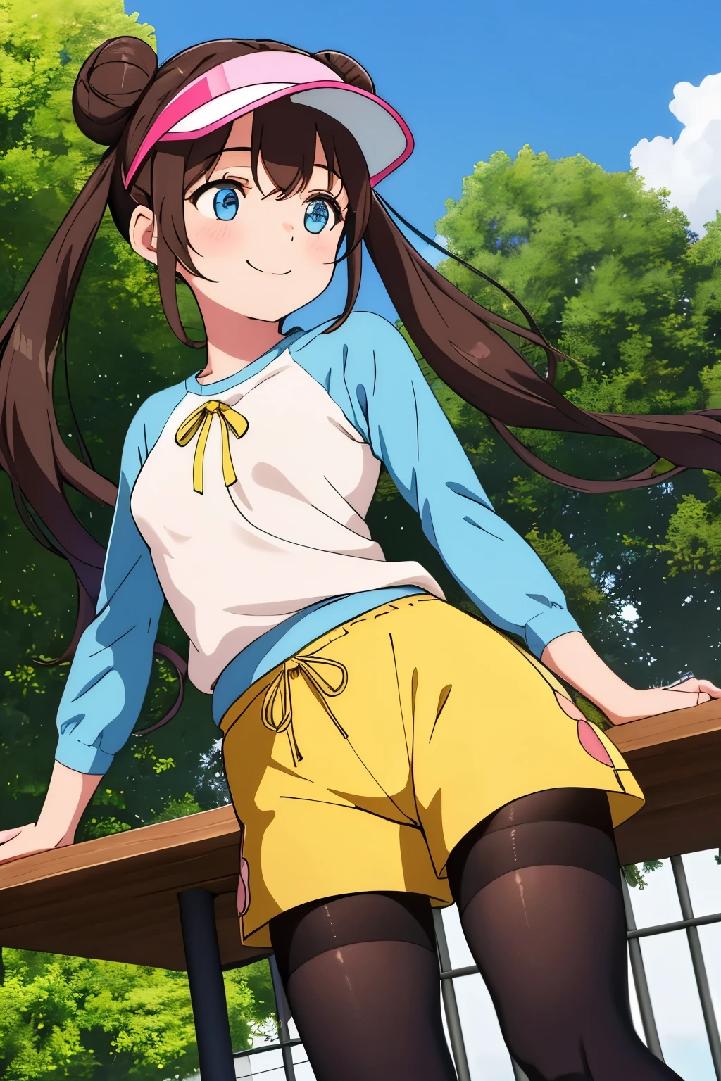 table top、highest quality、High resolution、1 girl、solo、short height、thin legs、shy smile、tits、dark brown hair, bun hair, blue eyes, long twin tails, visor cap,( black tights), raglan sleeves, yellow shorts,shirt, pink ribbon, clock、outdoors、A photo of the subject viewed from below