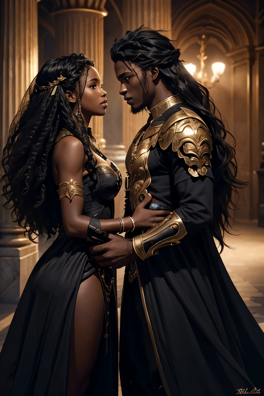 Je veux que tu me fasses une couverture pour un roman Fantasy romance, ces deux personnages sont noirs de peau, dark skin, ils sont des ennemis, ils veulent s'entretuer, surtout lui, elle, she mainly defends herself but her goal is to save him at all costs too. Le garçon est dark skin, with curly mid-length hair, the girl has long curly hair. They are very beautiful.