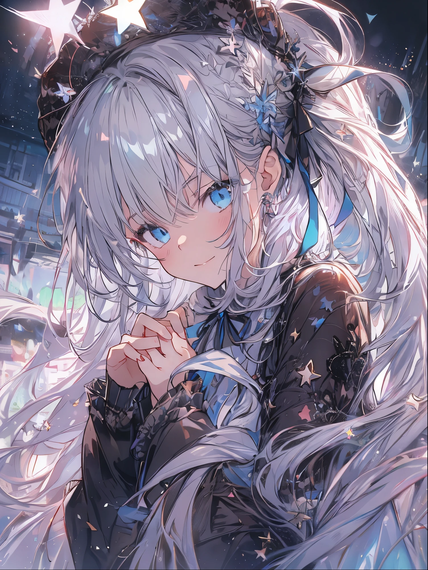 8K resolution, ((highest quality)), ((masterpiece)), ((super detailed)), (very delicate and beautiful), with a girl, solo, gentle expression, she is very(relax)with(Calm)Appearance,gray haired, Depth of the bounds written, bright smile, young girl, bright light blue eyes, Light blue eyes, bright white hair, black star hair ornament, Black Hair Ribbon, Old lantern, beautiful background, Long Hair - Linear Art, black skirt, black dress, night sky, Many deformed stars are dancing, Eyes that shine like crystal, upper eye, wonderful eyes, Upper body