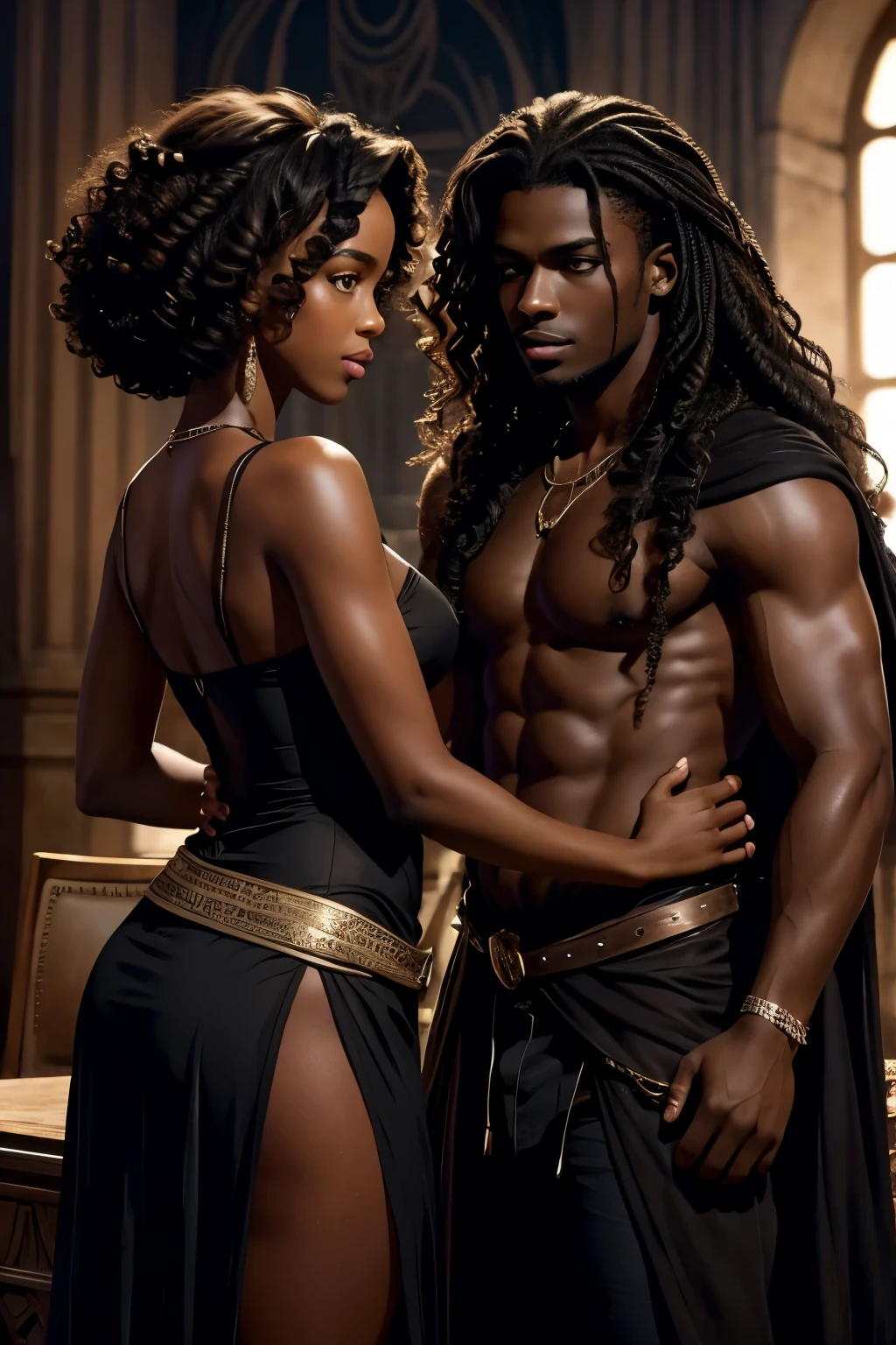Je veux que tu me fasses une couverture pour un roman Fantasy romance, ces deux personnages sont noirs de peau, dark skin, ils sont des ennemis, ils veulent s'entretuer, surtout lui, elle, she mainly defends herself but her goal is to save him at all costs too. Le garçon est dark skin, with curly hair, the girl has long curly hair. They are very beautiful.