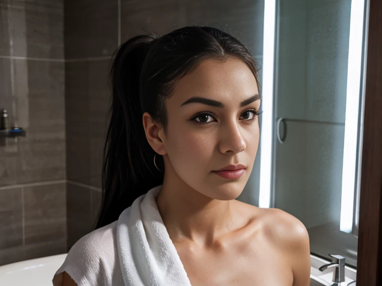 1 woman, long hair, ponytail, towel, a woman standing in a bathroom looking in a mirror, highly detailed skin, highly detailed eyes, highly detailed hair, high resolution, ultra detailed image, sharp, highly detailed, masterpiece, best quality, photorealistic,