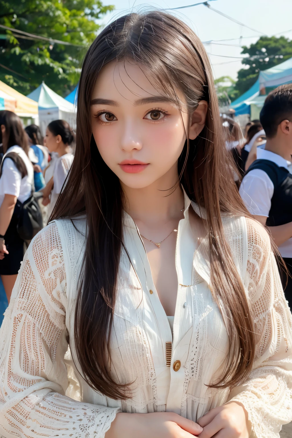 (8k, highest quality, ultra detailed:1.37), (Dina), 18yo, (a free-spirited Javanese girl), embraces the bohemian festival atmosphere. She wears a Indonesia school uniform. The high-resolution image captures ultra-detailed realism, highlighting Dina's captivating eyes, long eyelashes, and smooth complexion. The vibrant festival setting adds an energetic and colorful backdrop to showcase Dina's carefree and artistic personality.