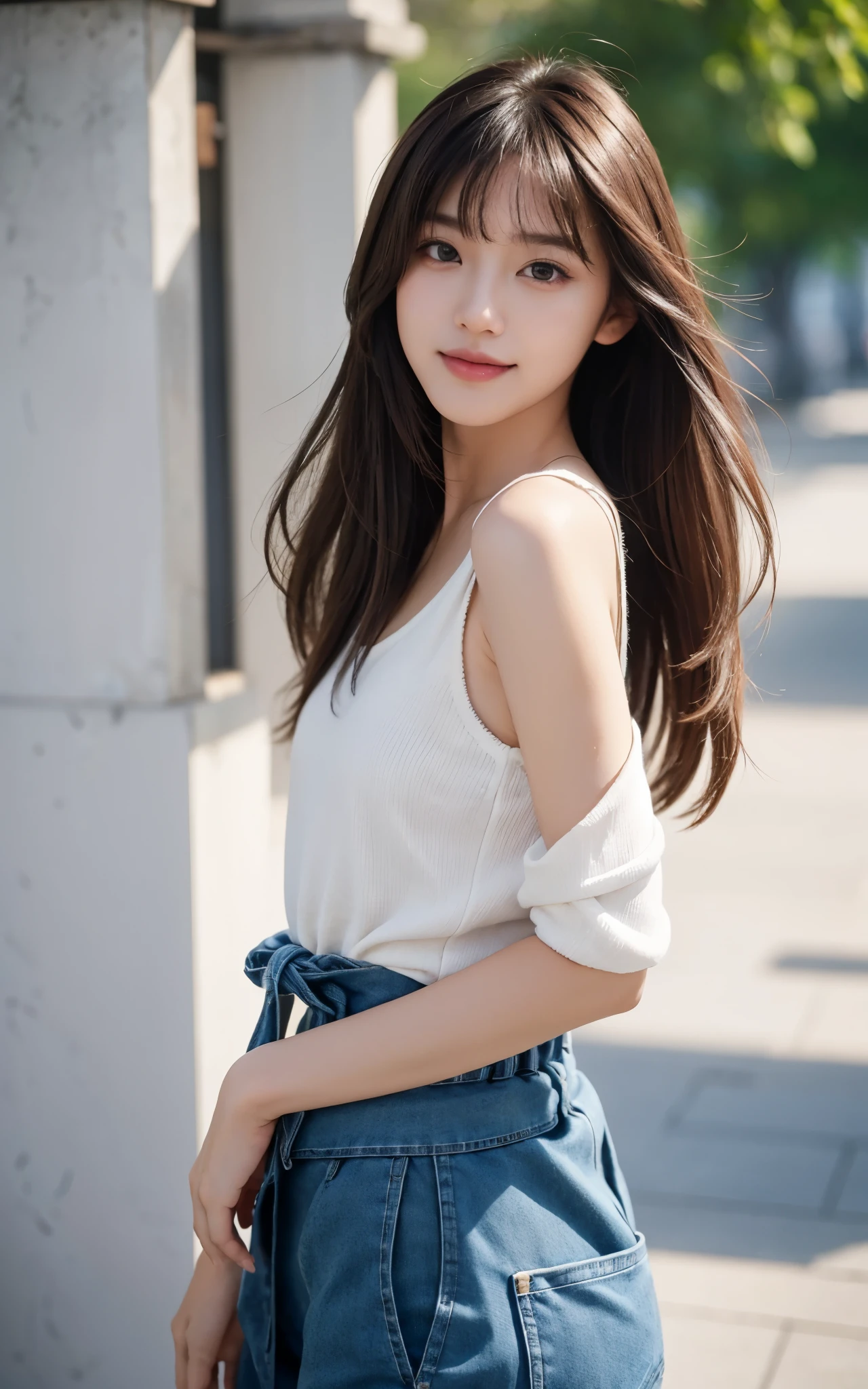 masterpiece, The background is clear,best image quality, high quality, Beautiful woman, Japanese, be familiar with, be familiar with eyes, be familiar with skin, beautiful skin, 超High resolution, (reality: 1.4),so beautiful, a little young face, beautiful skin, thin, (ultra photoreal sim), (High resolution), (8k), (非常にbe familiar with) (beautiful detailed eyes), (超be familiar with), vest, pants, (wallpaper), (be familiar with face), view viewer, small details, be familiar with face, smile, look straight ahead, look straight ahead, Angle from the waist up, realistic pictures, bright lighting, professional lighting, brown hair, Straight hair that reaches from shoulder to shoulder swaying in the wind, Stylish long bangs,white background