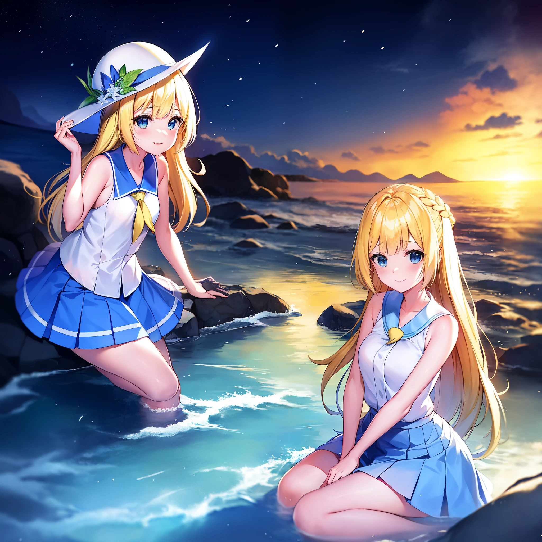 Pokémon、sunset、Tropical Alola region、Lillie、Snow-white skin and long pale blonde hair、White princess-line sleeveless dress and white wide-brimmed hat、french braid、high ponytail、blue mini skirt、blue pleated skirt、sailor color、shirt、short sleeve、blue skirt、白いshirt、white skirt「Lady」、blonde girl、Pippi Ningyoya Cosmetics、orthodox heroine、Lily flower、Escape from the rain and take shelter together in a cave、Lillieは月の象徴で、Hau is the image of the sun。Lillieが月ではなく、I will become a shining sun」、pacifist、Directional tone deafness、