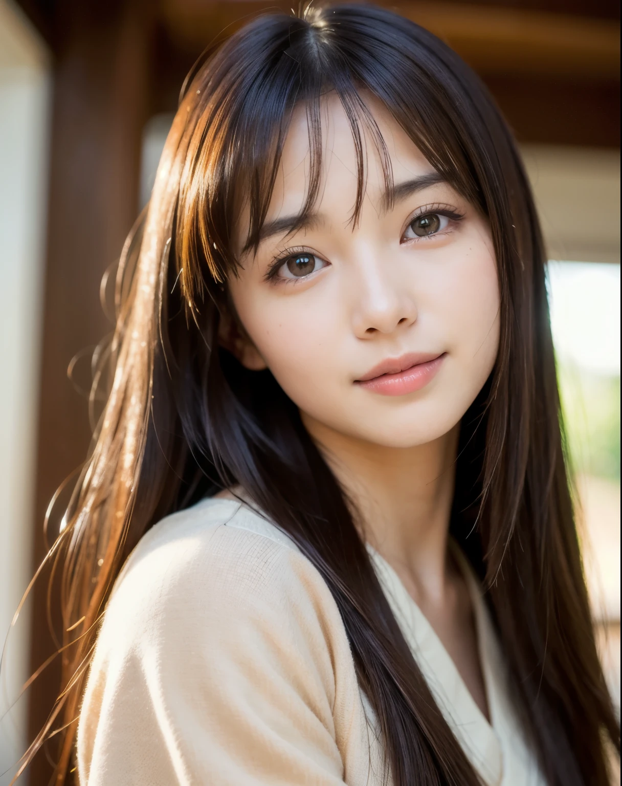 highest quality, face focus, soft light, ultra high resolution, (realistic:1.4), RAW photo,
1 japanese girl, alone, cute, (pupil, light in the eyes),  detailed beautiful face, (),(High resolution details of human skin texture),
(long hair),
indoor,natural smile,
damask shirt dress,
(portrait)