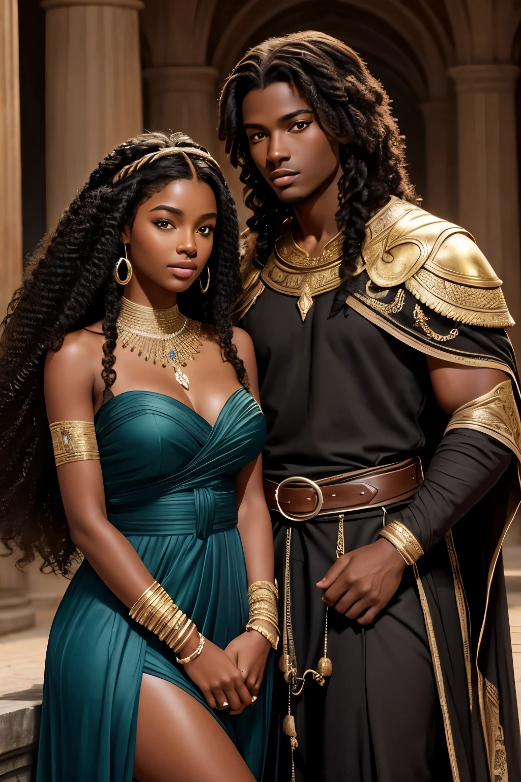 Je veux que tu me fasses une couverture pour un roman Fantasy romance, ces deux personnages sont noirs de peau, Peau sombre, ils sont des ennemis, ils veulent s'entretuer, surtout lui, elle, she mainly defends herself but her objective is also to save him at all costs. The boy is dark skin, with curly mid-length hair, The girl has long curly hair. They are very beautiful.