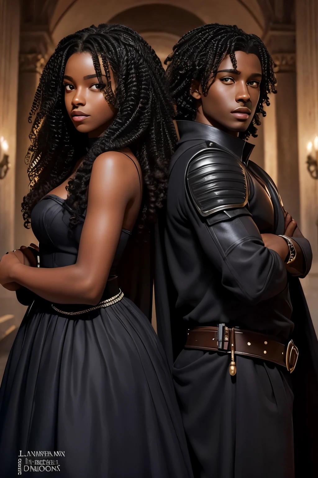 Je veux que tu me fasses une couverture pour un roman Fantasy romance, ces deux personnages sont noirs de peau, dark skin, ils ont ******, ils sont des ennemis, ils veulent s'entretuer, surtout lui, elle, she mainly defends herself but her goal is to save him at all costs too. Le garçon est dark skin, with curly mid-length hair, the girl has long curly hair. They are very beautiful.
