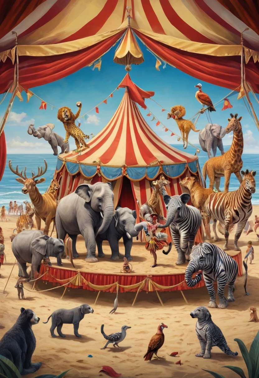 animal show on beach, circus troup, best quality, masterpiece, Representative work, official art, Professional, Ultra intricate detailed, 8k