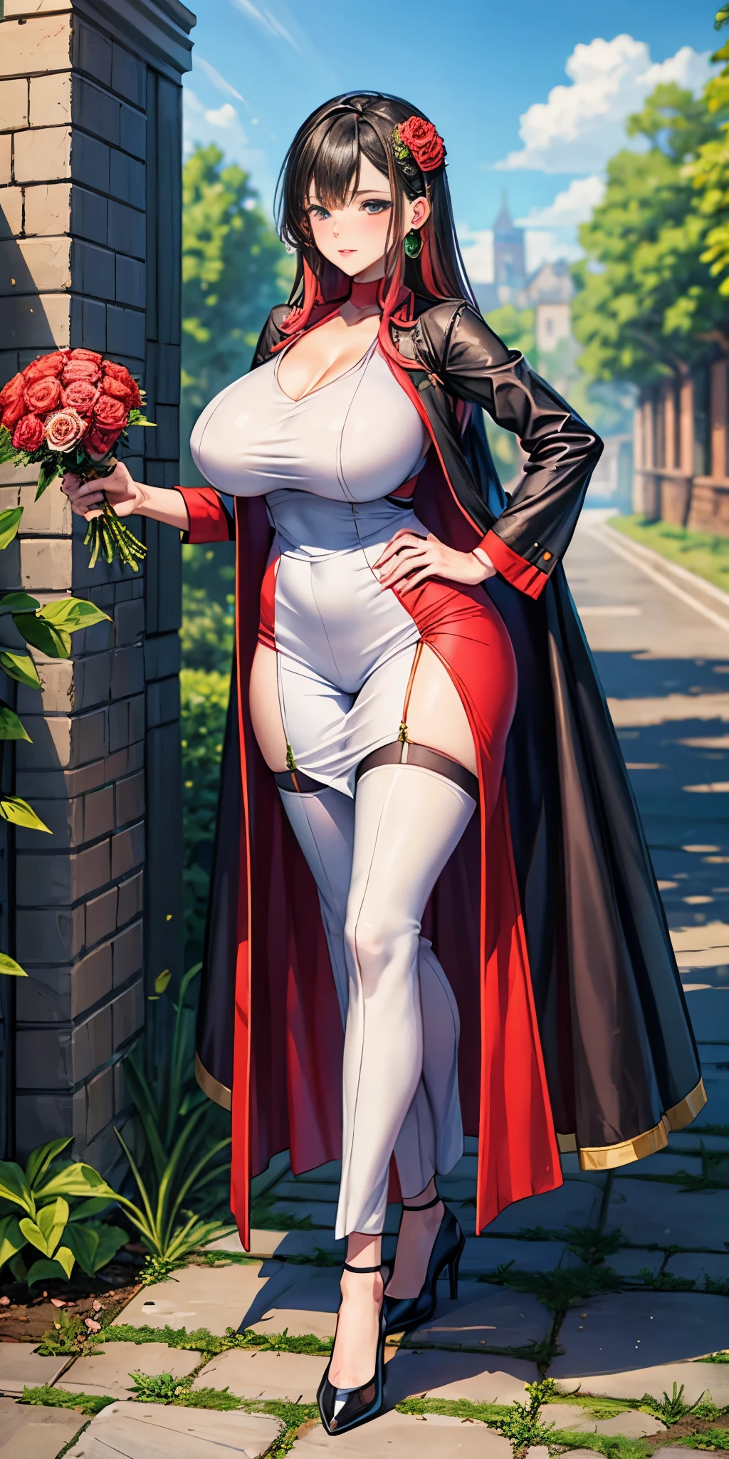 FEMALE, big breasts, voluminous breasts, curvy breasts, mesh stockings, standing with a bouquet (red roses), full height, bottom view, best quality, very detailed, ultra 8k resolution,huge breast, coat , vest, long skirt, portrait, full body, victorias clothing, long dress, knight, pants, black skinn suit, medieval city, plants, vest,polo shirt, forest, long skirt
