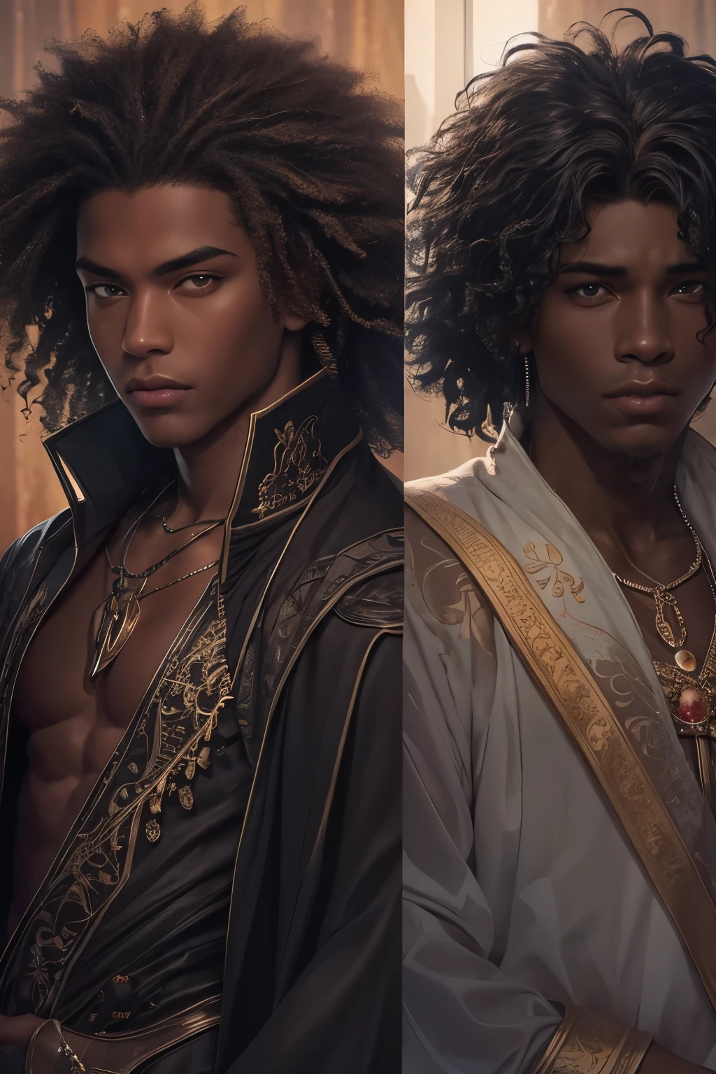 Je veux que tu me fasses une couverture pour un roman Fantasy darkromance, ces deux personnages sont noirs de peau, dark skin, ils ont jeunes, they are royalty. Le garçon est dark skin, with curly mid-length hair, the girl has long curly hair. They are very beautiful.