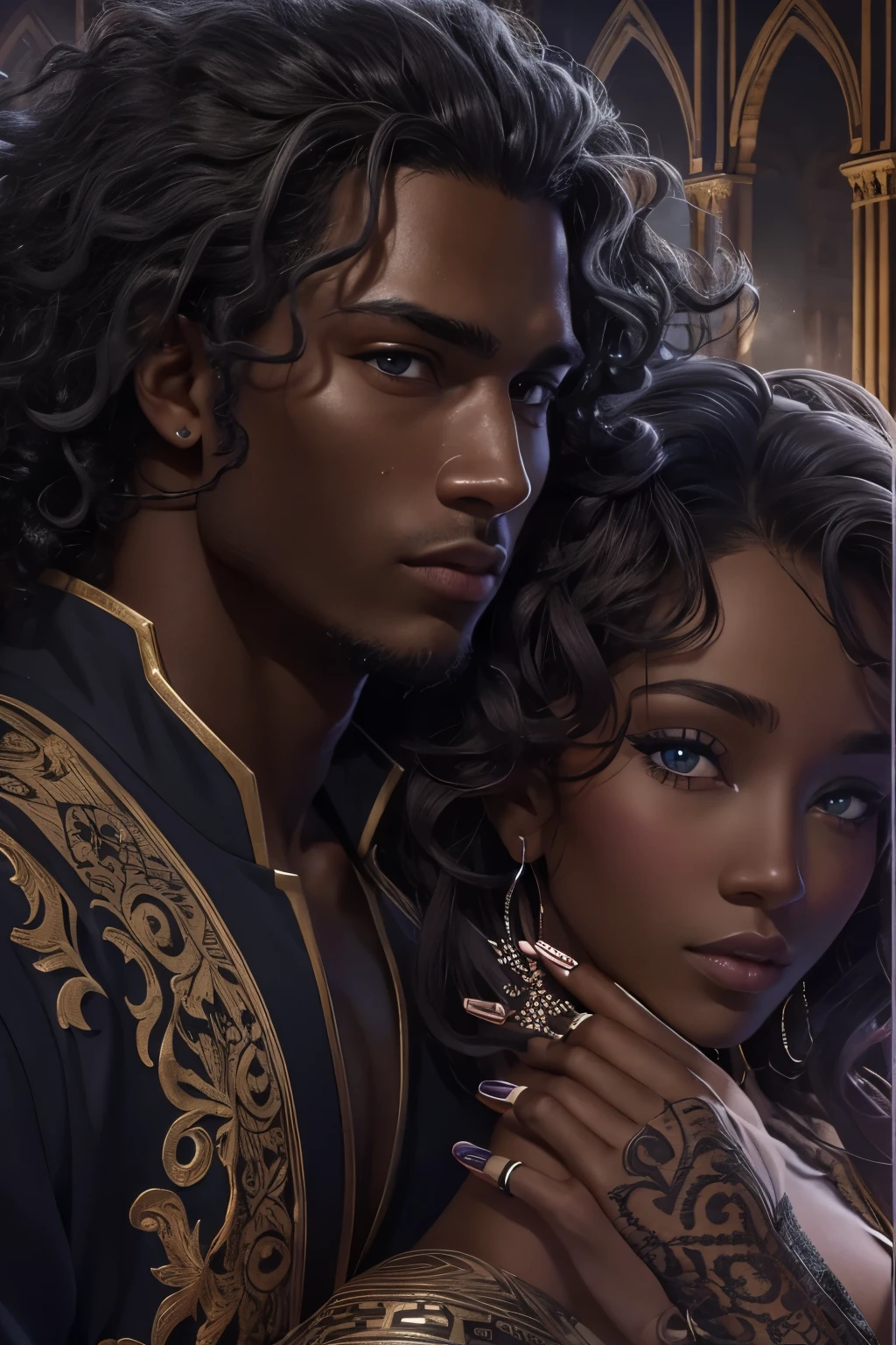 Je veux que tu me fasses une couverture pour un roman Fantasy darkromance, ces deux personnages sont noirs de peau, dark skin, ils ont jeunes, they are royalty. Le garçon est dark skin, with curly mid-length hair, the girl has long curly hair. They are very beautiful.