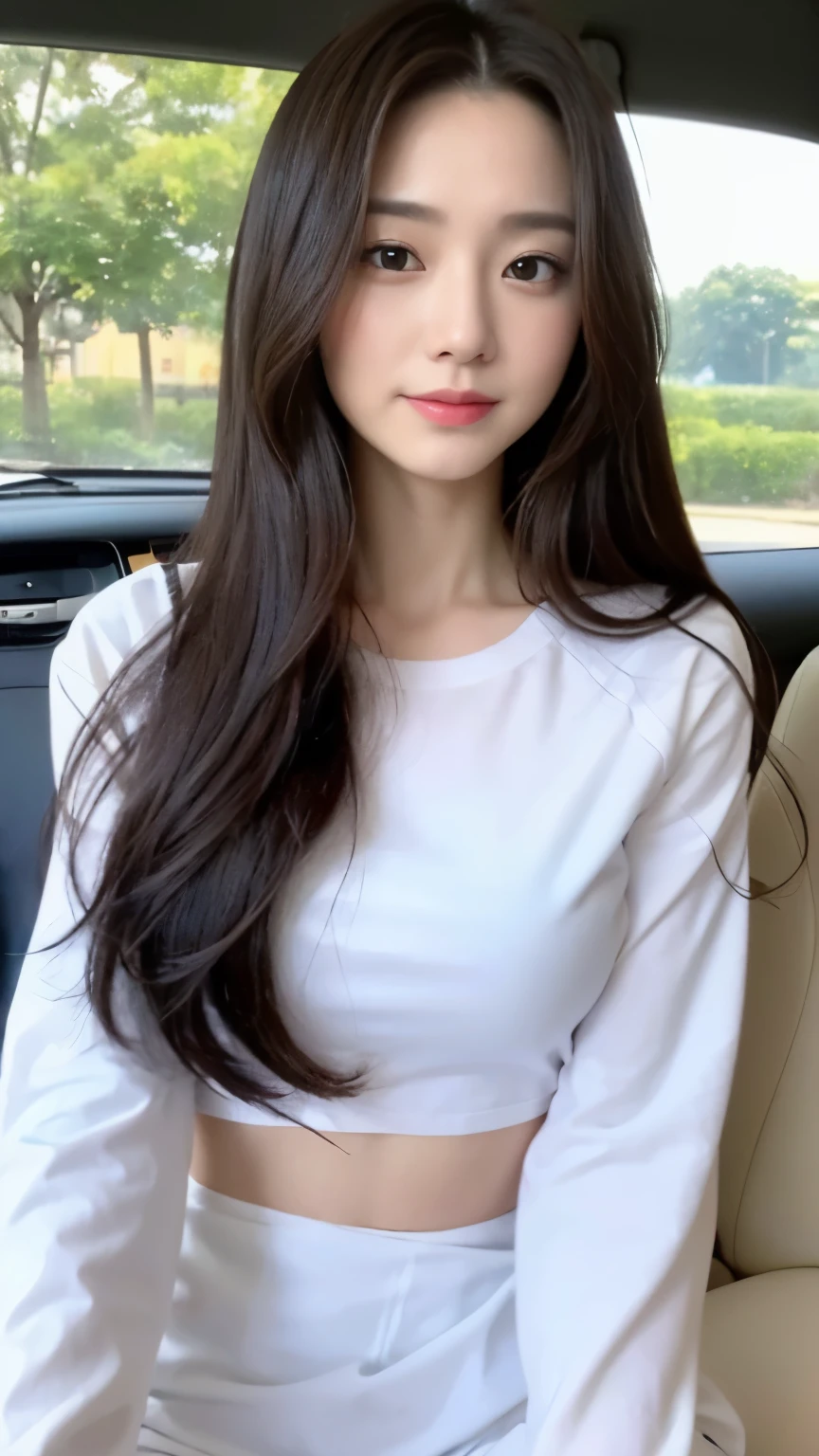 ((top-quality、8k、​masterpiece:1.3))、Beautiful woman with perfect body:1.4、slim abdomen:1.2、Longhair, normal breast, Highly detailed facial and skin texture, A detailed eye, delicate eyes, double eyelid, (smile), (full body shot), ((sitting on car 1.1)), (sitting on car), ((wearing white uniform)), looking in front