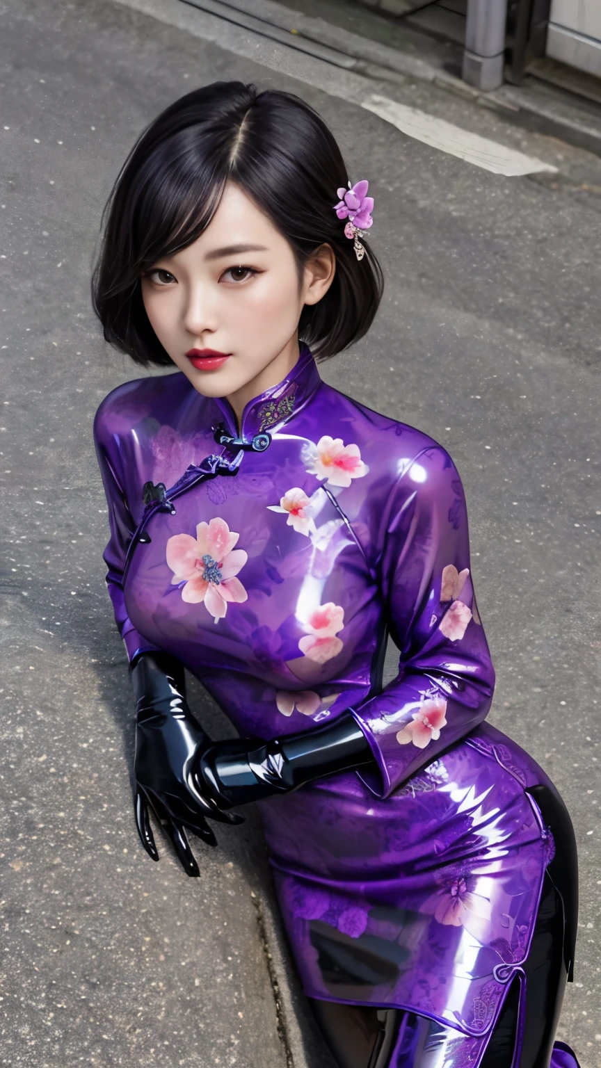 (masutepiece:1.0), (Best Quality:1.4), (A high resolution:1.2), (Photorealistic:1.4),(from above:1.5), (8K, Raw photo:1.2), (Soft Focus:1.4),There is a girl wearing  cheongsam who is standing in the street and taking pictures.............................................................,full body lesbian, She is wearing a cheongsam, BREAK,She is wearing a cheongsam ,BREAK,(latex purple cheongsam printed flower pattern:1.4),Slime skin,BREAK, smooth tight ,( the matte leather black gloves:1.4),BREAK, translucent skin,Latex, Translucent body,latex shiny, The perfect gloves for your skin,bob hair, shiny reflective,gal make up,goddess of Japan, Glossy skin,gorgeous  japanese model,Tecateca,shiny,Slimy,(latex purple  pencil skirt printed flower pattern:1.3),close up,detailed background,in the street