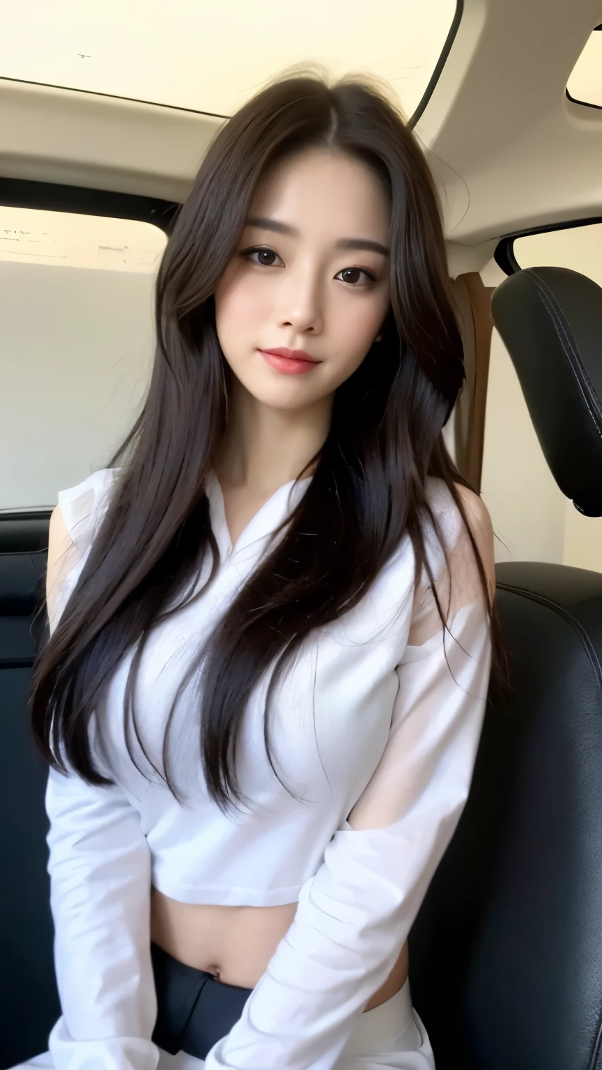 ((top-quality、8k、masterpiece:1.3))、Beautiful woman with perfect body:1.4、slim abdomen:1.2、Longhair, normal breast, Highly detailed facial and skin texture, A detailed eye, delicate eyes, double eyelid, (smile), (full body shot), ((sitting on car 1.1)), (sitting on car), ((wearing white uniform)), looking in front