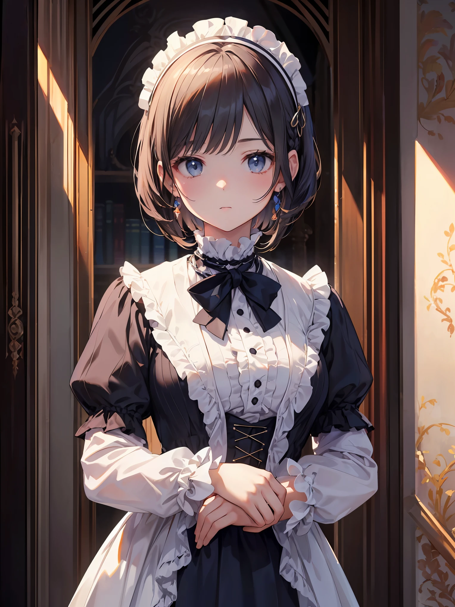 (highest quality、16K、masterpiece、ultra high resolution、Victorian era、Photoreal:1.2)、cowboy shot、One length bob cut braided hair clip with front drop、brand uniform　cute、clear、 Tsundere、heroine attributes
