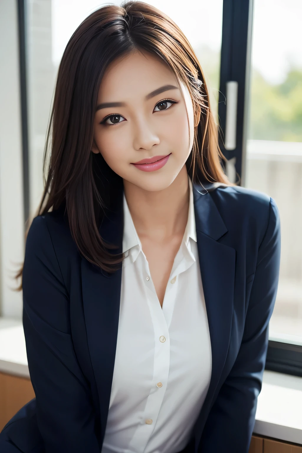 ((sexy model posing in office:1.2)), (beautiful photorealistic woman:1.15), (Face-to-face audience:1.1), (She is a beautiful photorealistic lawyer:1.15), (perfectly healthy and muscular body, Moderate :1.2), ((She is wearing a navy pantsuit over an elegant and classy pure white blouse.:1.3)), (small size sui:1.1, The body line is clearly visible,), (8k wallpaper:1. 1), highest quality, super fine, be familiar with, High resolution, perfect dynamic composition, beautiful be familiar with eyes, middle of chest, natural color lips, random sexy pose, smile, 28 year old beautiful woman, ultra-realistic capture, highly be familiar with, High resolution 16K closeup of human skin. Skin texture must be natural. Skin should be healthy and even-toned. using natural light and color、The bewitchingly beautiful 28-year-old Japanese actress must be photographed.
