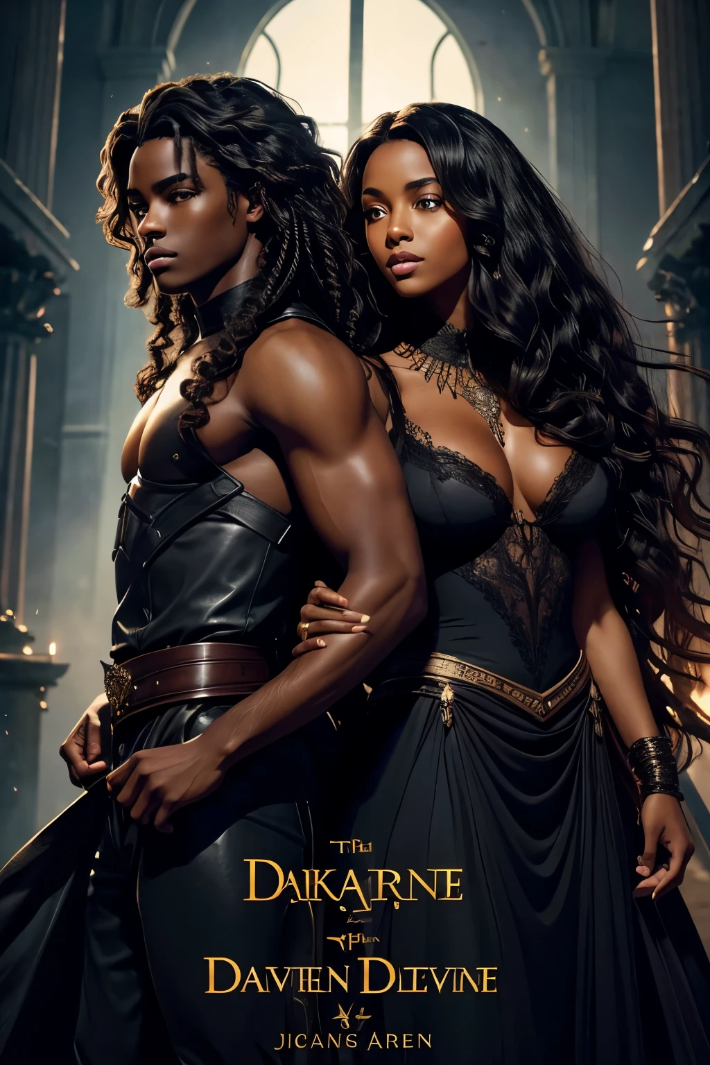 Je veux que tu me fasses une couverture pour un roman Fantasy darkromance, ces deux personnages sont noirs de peau, dark skin, ils ont jeunes, they are royalty. Le garçon est dark skin, with curly mid-length hair, the girl has long curly hair. They are very beautiful.
Cover of fantasy darkromance book, a darskin young man and a darkskin young woman, very beautiful, curly hair. The book is about royalty, politic, war, celest kingdom, power and angels.