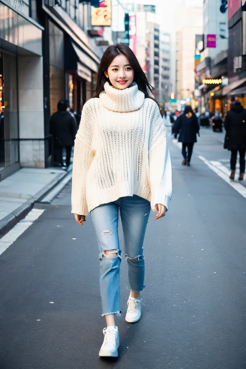 Korean girl walking in the city、18-year-old、High quality photos、White knitted sweater、