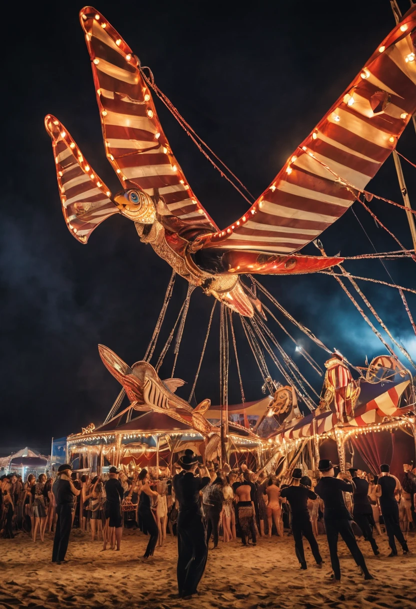 Spitfire performance show on beach, circus, night, best quality, masterpiece, Representative work, official art, Professional, Ultra intricate detailed, 8k