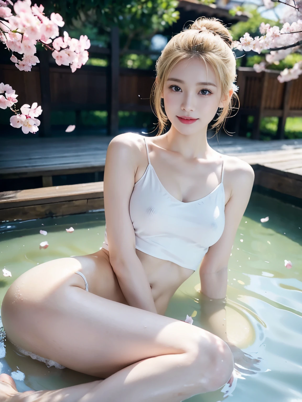 masterpiece,((highest quality)),8K wallpaper,precise expression,((very detailed description)). ((Female 1)),bun,((blonde)),extremely beautiful woman,view audience,provocative smile,((very detailed facial parts)),perfect anatomy,correct anatomy,((very small breasts:1.5)),((White foam covers the nipples:1.3)),exposed shouldery stomach is soaked in hot water.
The background is a hot spring in Japan,cherry blossom petals dance in the air,The wind is blowing,Many cherry blossom petals floating on the water surface,noon,Natural light,spring,beautiful expression,fantastic.