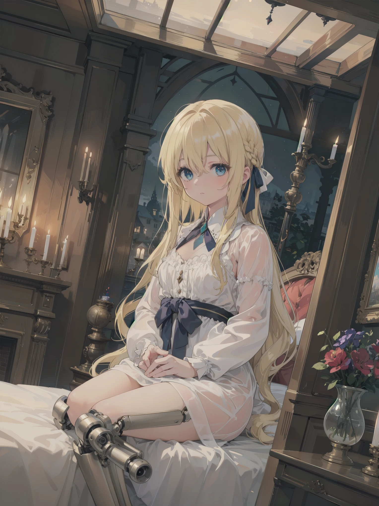 (masterpiece, best quality), (absurdres absolutely resolution), (8k), (detailed beautiful face and eyes), (detailed illustration), (super fine illustration), (vibrant colors), (professional lighting), nice hands, perfect hands, BREAK 

cinematic angle, dutch angle, (close-up, Medieval Europe, sitting bed:1.3), BREAK 

(in violet evergarden style), 1girl, solo, (blonde long straight hair:1.6), blue eyes, porcelain skin, shiny hair, (big eyes:1.2), (Simple mechanical prosthesis:1.3), BREAK 

expressionlesaxi-length long-sleeved linen beige negligee, neckline ribbon:1.4), BREAK 

(night:1.3), indoors, (Heidelberg, Europe in 1920), (Old western rooms, canopy bed, furniture, Fireplace, Candle), (magnificent view), (cinematic shadows, cinematic lighting), (bokeh),