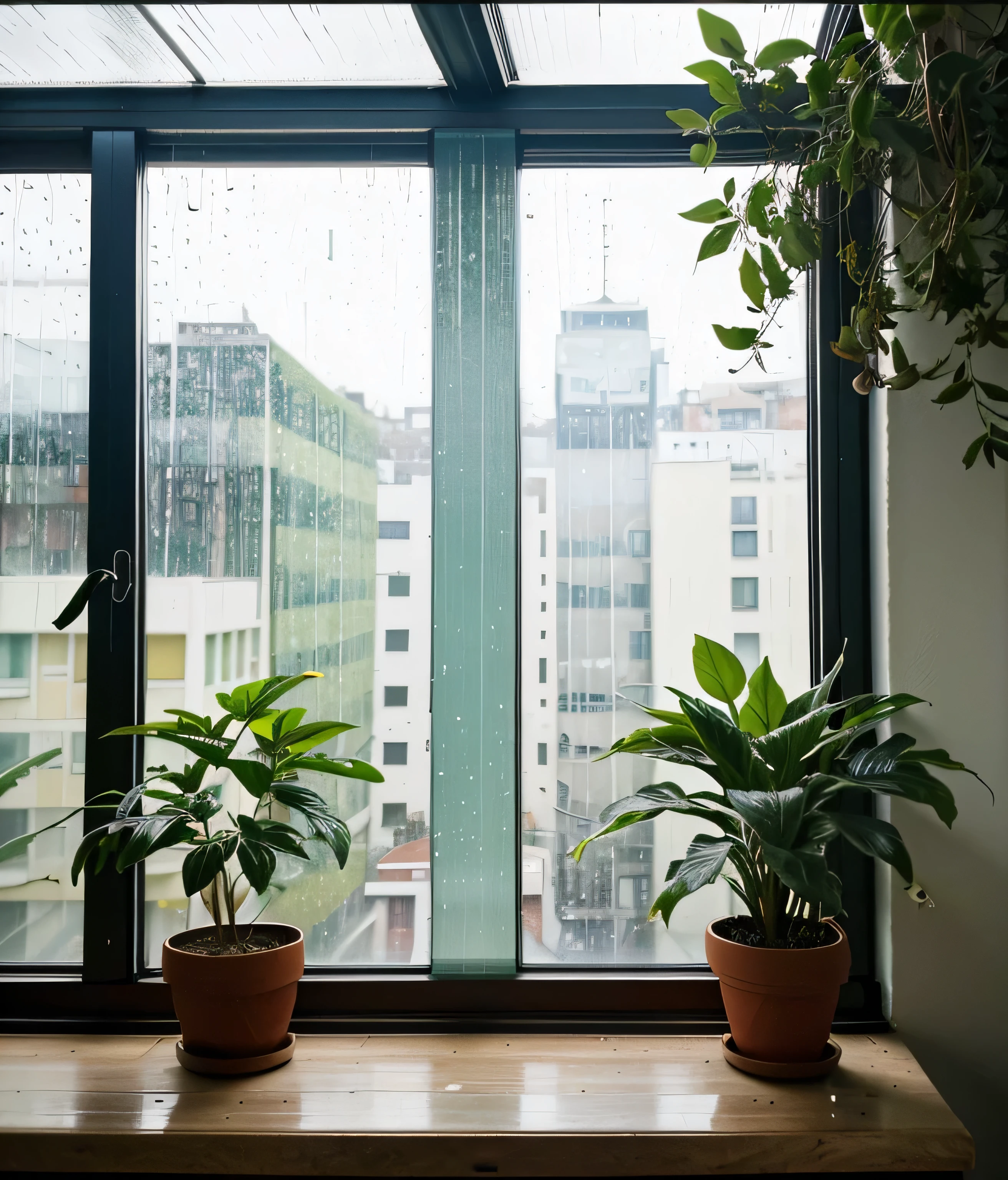 (Mejor calidad,4k,8K,high resolution,Obra maestra:1.2) Una ventana con una planta a su lado.. Hay una calle lluviosa borrosa fuera de la ventana.. foto de instagram. foto del iphone. Aesthetic style.