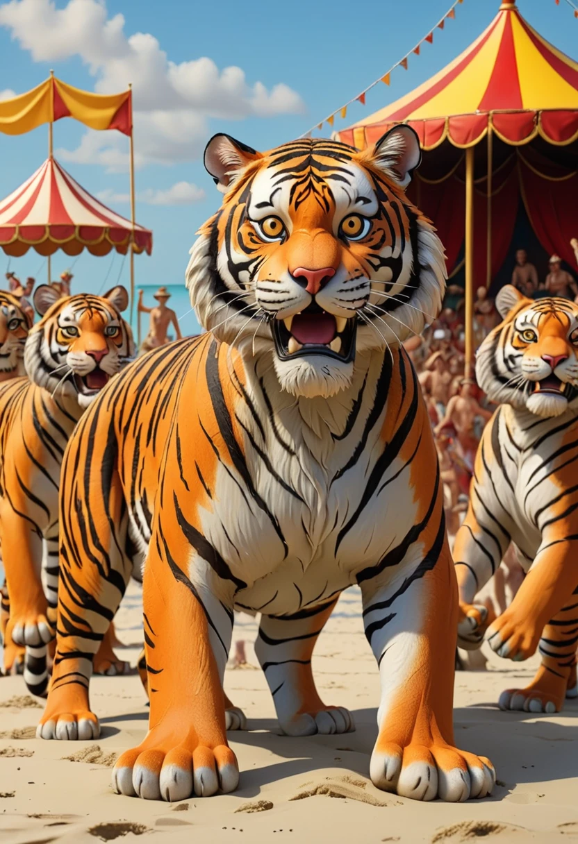 a tiger play show on beach, circus troup, best quality, masterpiece, Representative work, official art, Professional, Ultra intricate detailed, 8k