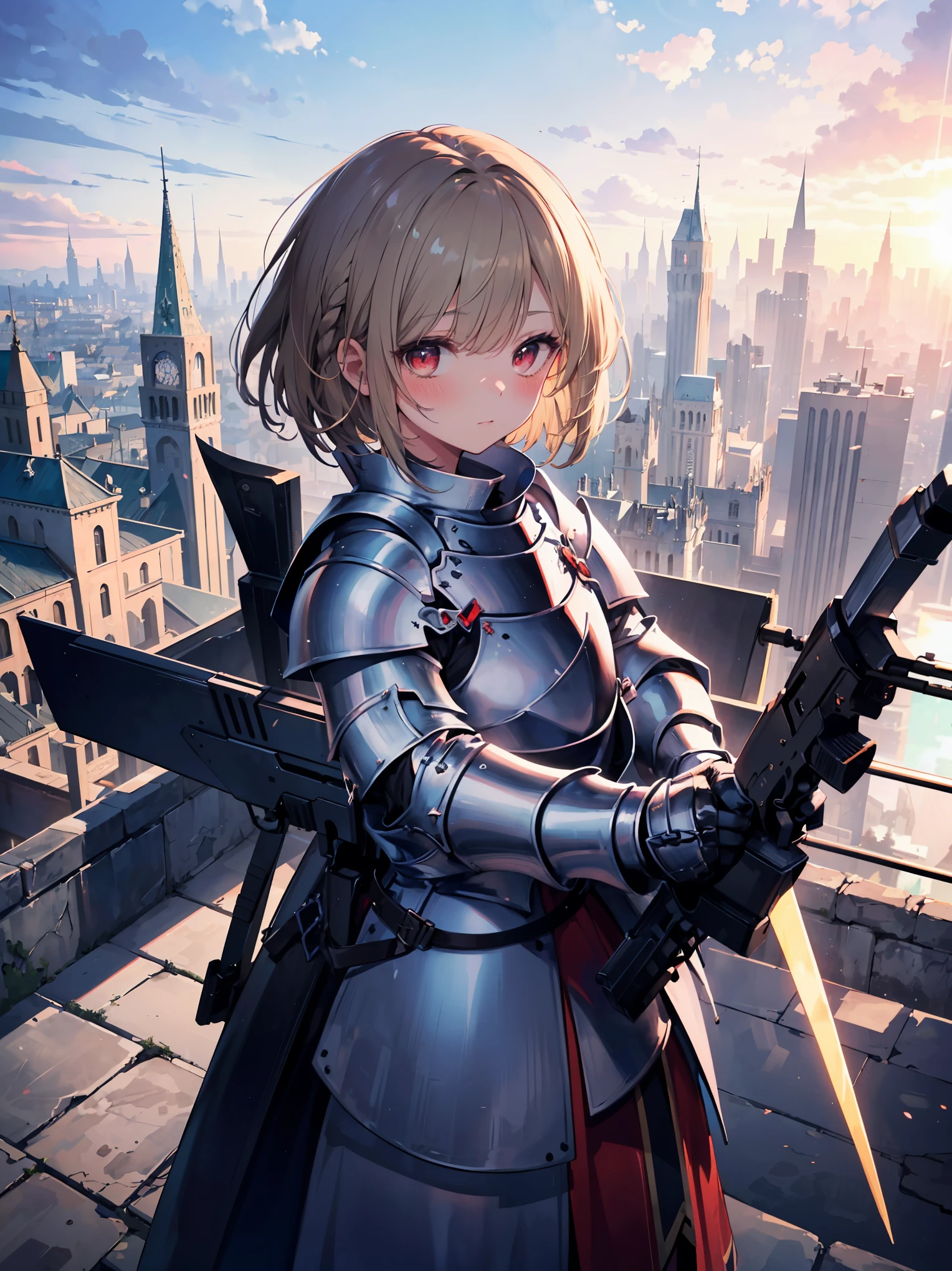 Masterpiece, high quality, high quality illustration, vast expanse of medieval cityscape, upper body girl (((( heavily armed knight, metal sheen )))) skirt, black knee-high, ((waving)) dark blonde, one-length bob cut braided style, red eyes, gazing at us, ((blushing)), adventurer ((from above)), bold posse,