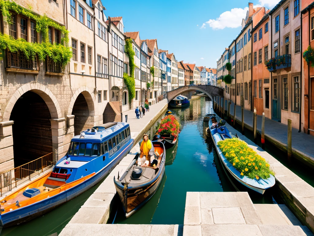 Water city, clear clean water, canals, medieval European capital, bright sunlight, people in vivid costumes, bridges, planters,