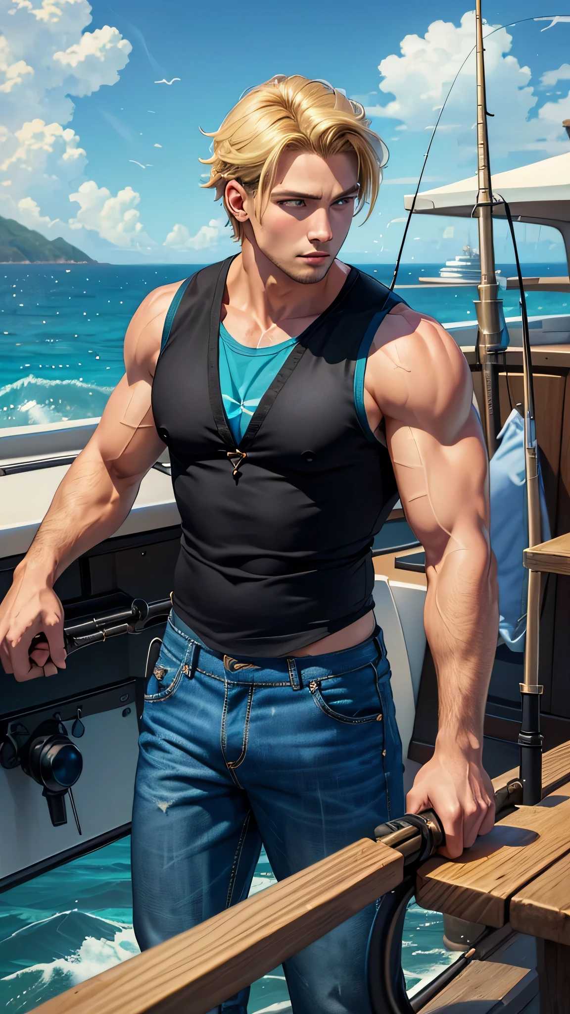 最high quality、best image quality、masterpiece、male((20-year-old、 By becoming、wide open breast tea、輝くeye, blonde、shortcut、black vest、blue t-shirt、denim pants、have a fishing rod、stubble、muscular、eye)),high quality、beautiful art、background((Ocean、on a boat))、Flight、debris flies、Depth of written boundary、movie、visual art、perfect art、8k,genuine、