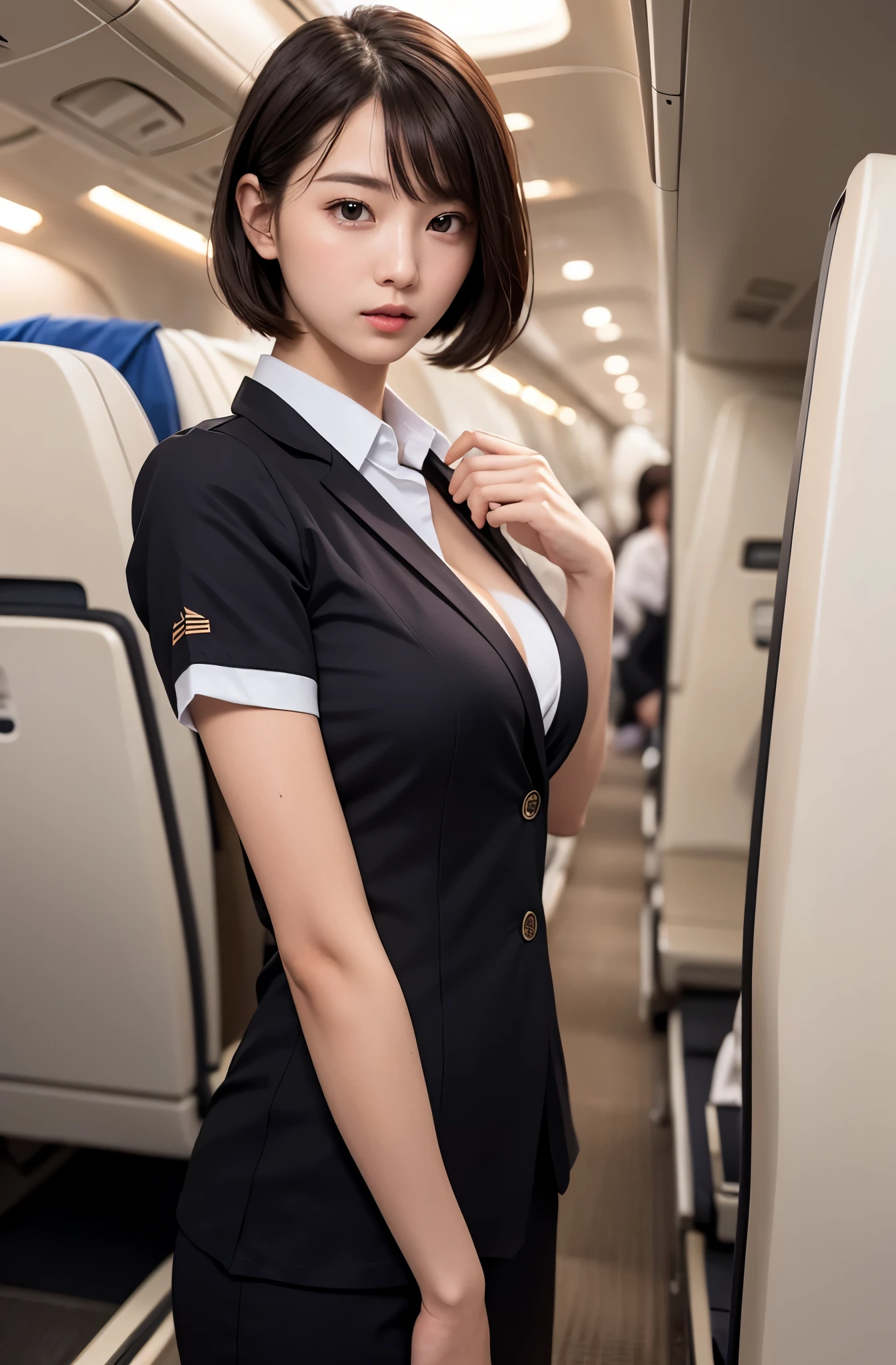(shirt front open:1.6), (hugging own chest with her arm:1.5), cleavage, detailed sheer bra, (masterpiece:1.3), high resolution, ultra detailed, extremely detailed CG unity 8k wallpaper, realistic, photo-realistic, RAW photo, beautiful detailed face, pale skin, realistic skin, detailed cloth texture, detailed hair texture, Perfect proportion, Beautiful Face, accurate, Anatomically correct, Highly detailed face and skin texture, natural neck length, (beautiful hands), (fair skin:1.2), Thin legs, Thin feet, Sexy thighs, 
BREAK, 
Detailed eyes, symmetrical eyes, Light Brown eyes, Double eyelids, Thin eyebrows, (Glossy lips:1.4), (embarrassed:1.2), 
BREAK, 
(A Classy and Cute girl:1.3), (Wearing a Elegant flight attendant uniform of Japan Air Line:1.2), 
(medium breasts), (slender figure:1.2), 
(Dark brown hair, wavy hair), ((short hair, asymmetrical bangs:1.2)), (Upper body shot:1.2), (looking at viewer:1.2), From side, 
BREAK, 
(Standing in the wide passage), (Inside the private Airplane: 1.2),