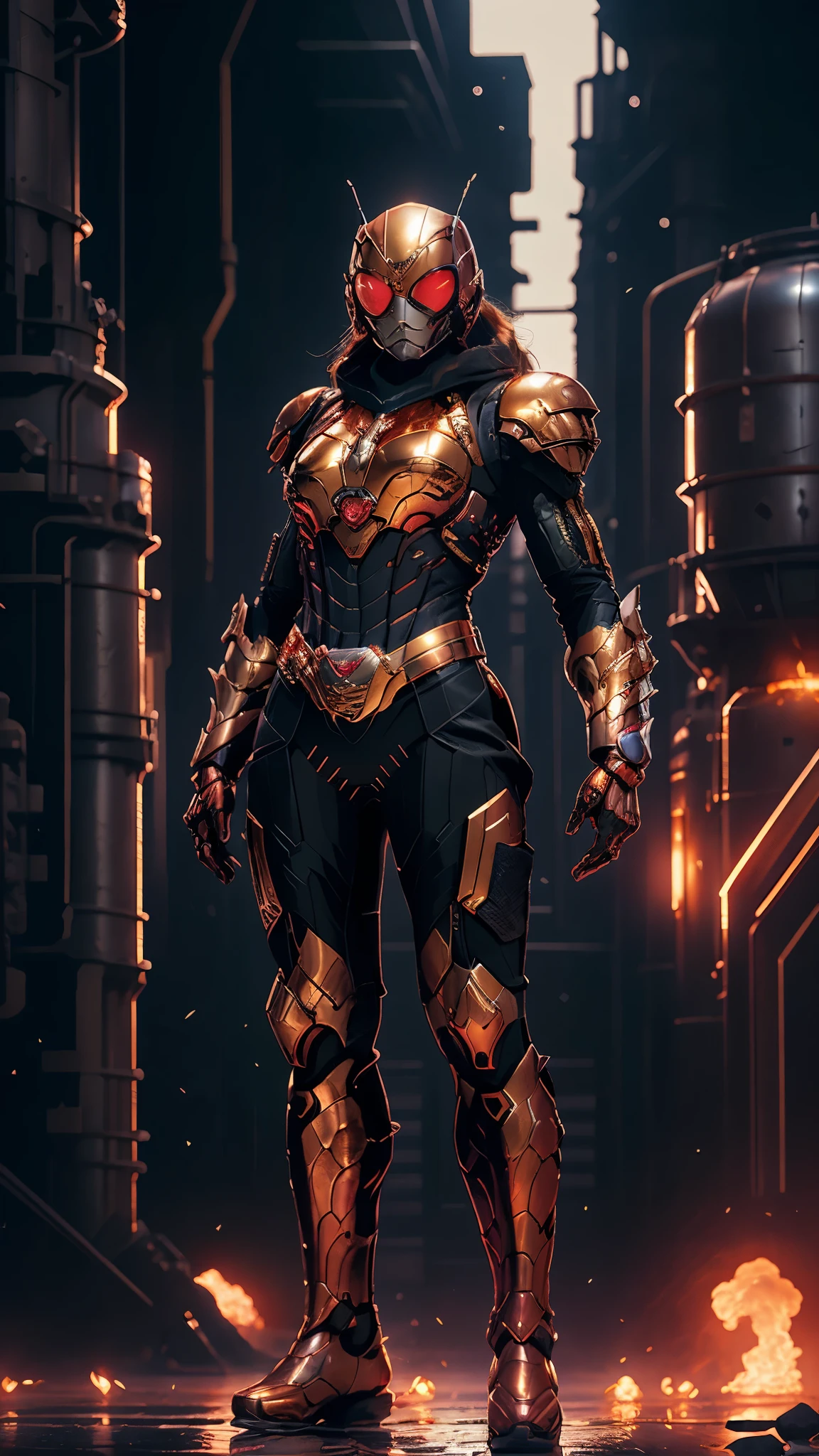 A woman adorned in fantasy-style full-body armor, a crown-concept fully enclosed helmet that unveils only her eyes, a composite layered chest plate, fully encompassing shoulder and hand guards, a lightweight waist armor, form-fitting shin guards, the overall design is heavy-duty yet flexible, ((the armor gleams with a golden glow, complemented by red and blue accents)), exhibiting a noble aura, she floats above a fantasy-surreal high-tech city, this character embodies a finely crafted fantasy-surreal style armored hero in anime style, exquisite and mature manga art style, (Queen bee mixed with Spider concept Armor, plasma, blood), ((Element, energy, elegant, goddess, femminine:1.5)), metallic, high definition, best quality, highres, ultra-detailed, ultra-fine painting, extremely delicate, professional, anatomically correct, symmetrical face, extremely detailed eyes and face, high quality eyes, creativity, RAW photo, UHD, 32k, Natural light, cinematic lighting, masterpiece-anatomy-perfect, masterpiece:1.5