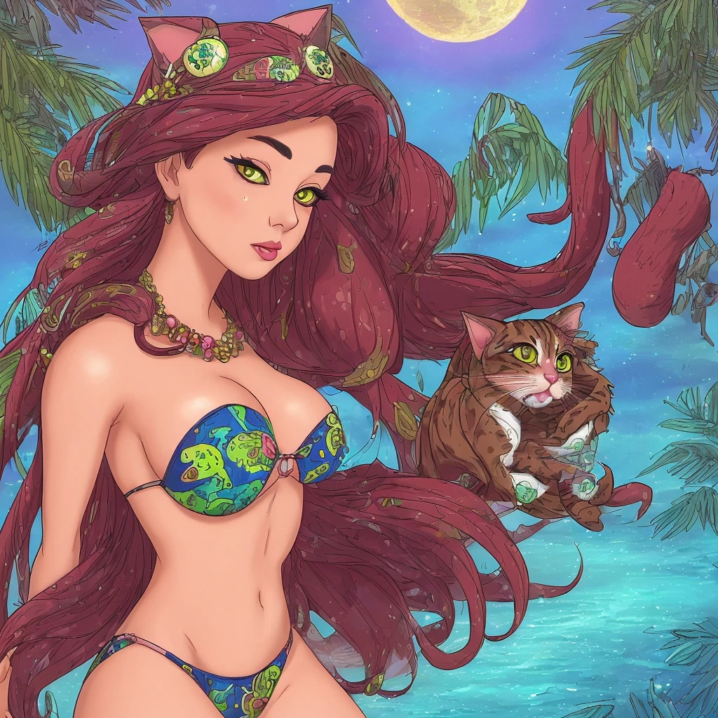 best quality,ultra-detailed,highres,realistic,(vibrant, vivid colors),(beautiful detailed eyes,beautiful detailed lips):(Complex, multiple subjects), (Subject 1: A busty young woman (age 20) with a cute face, long hair, modest swimsuit) celebrates a beach party with a pride of (Subject 2: cat-themed dragons, cat-sized) on a moonlit night. The woman's eyes and lips are beautifully detailed, with vibrant and vivid colors.